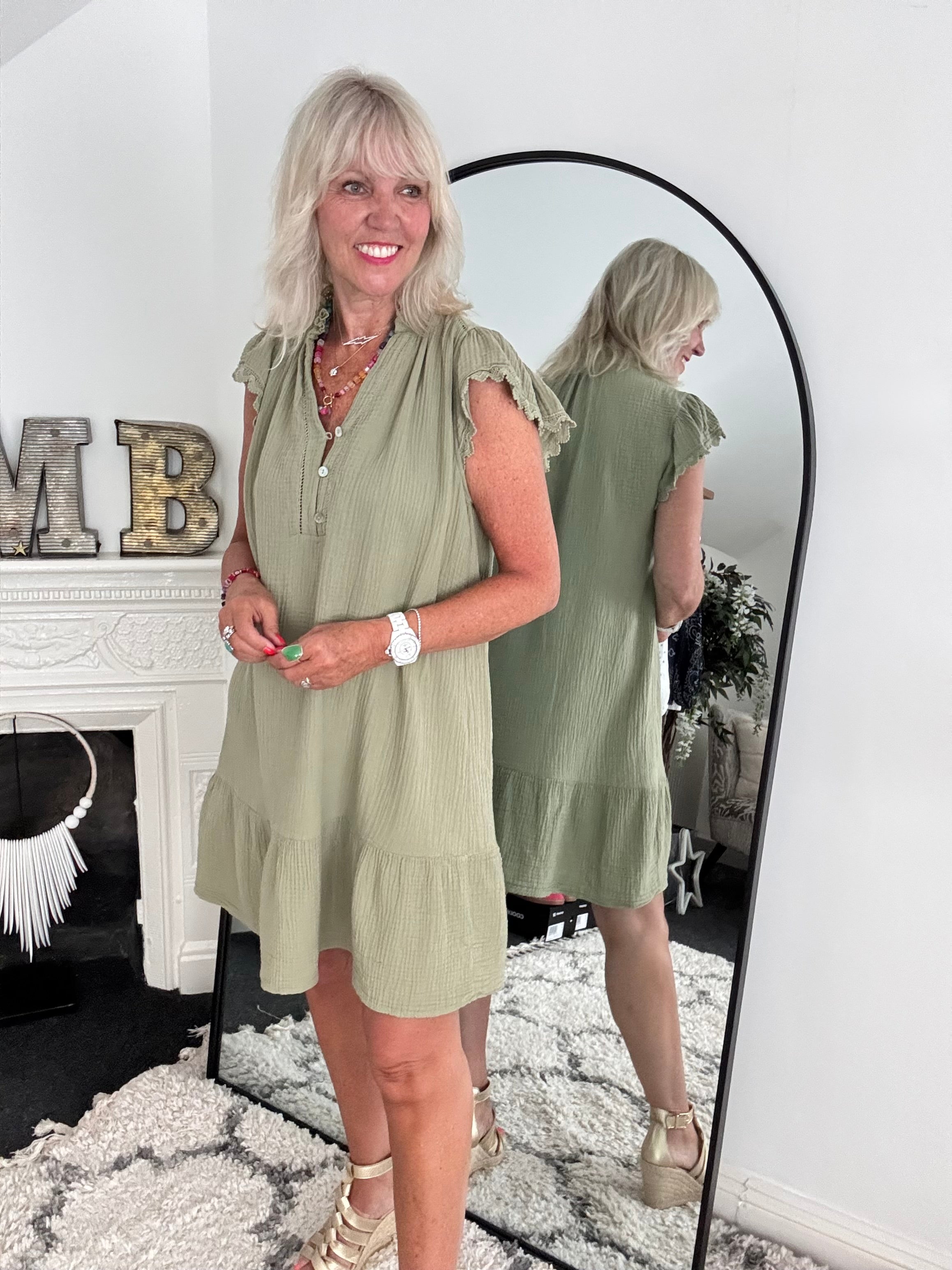 Cheesecloth Dress with Lace Edge Sleeves in Khaki