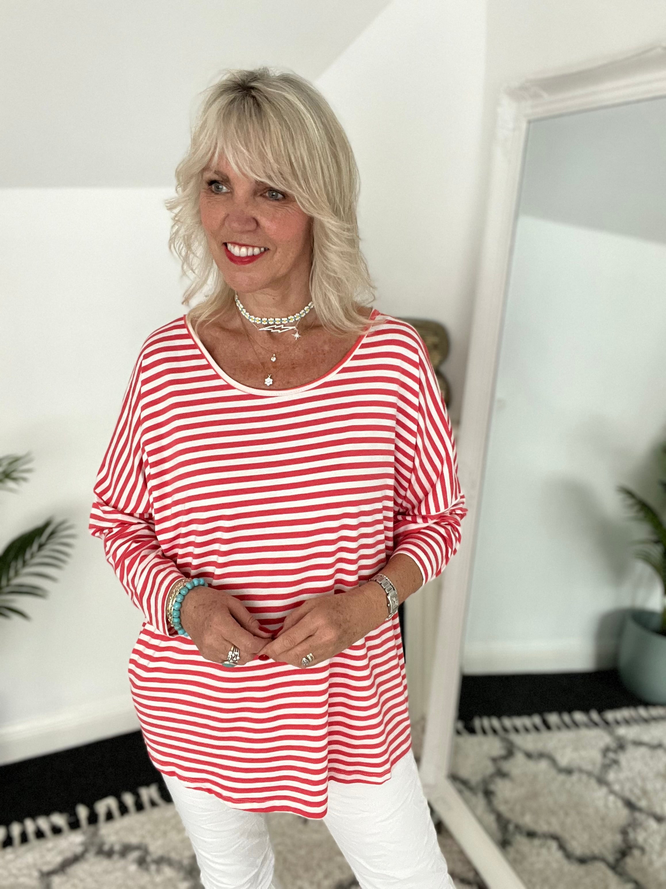 Oversized Stripe Top in Coral Red & White