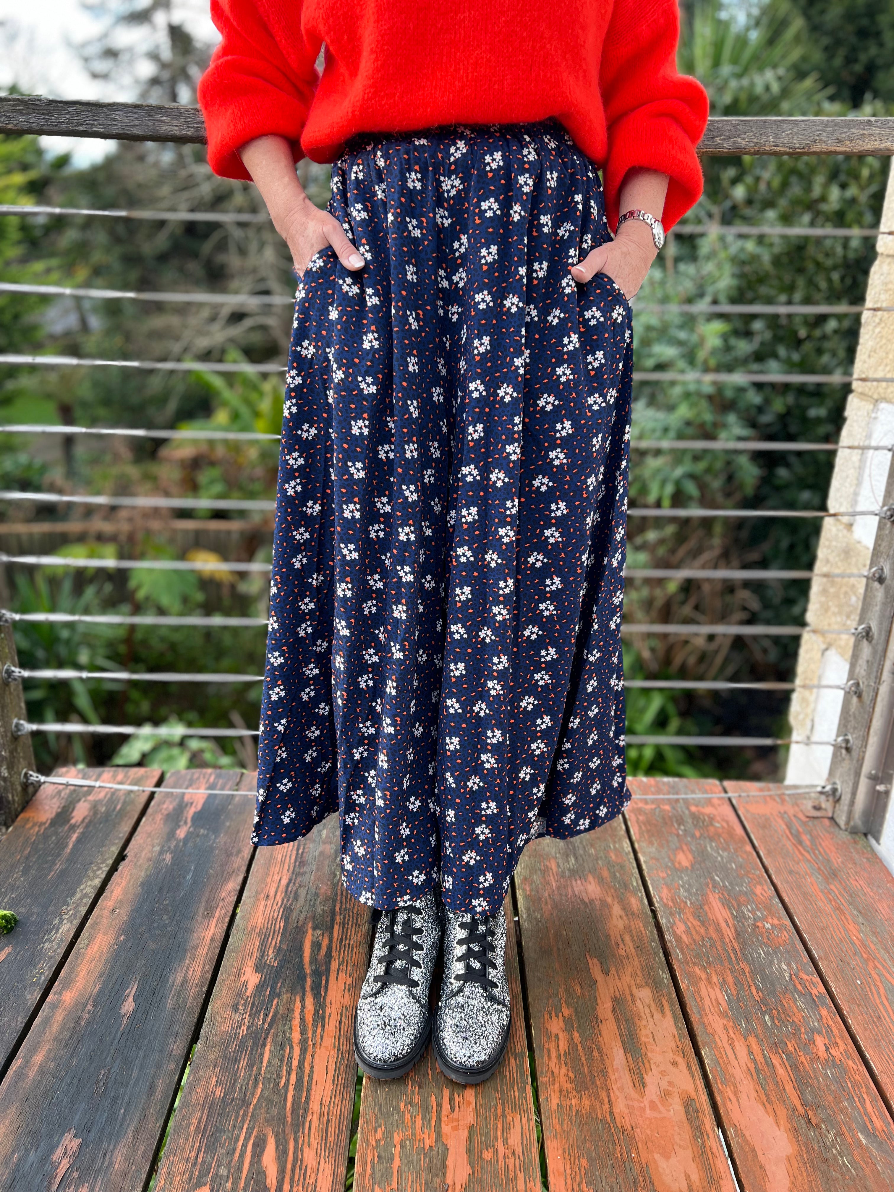 Wide Leg Trousers in Blue & Red Print
