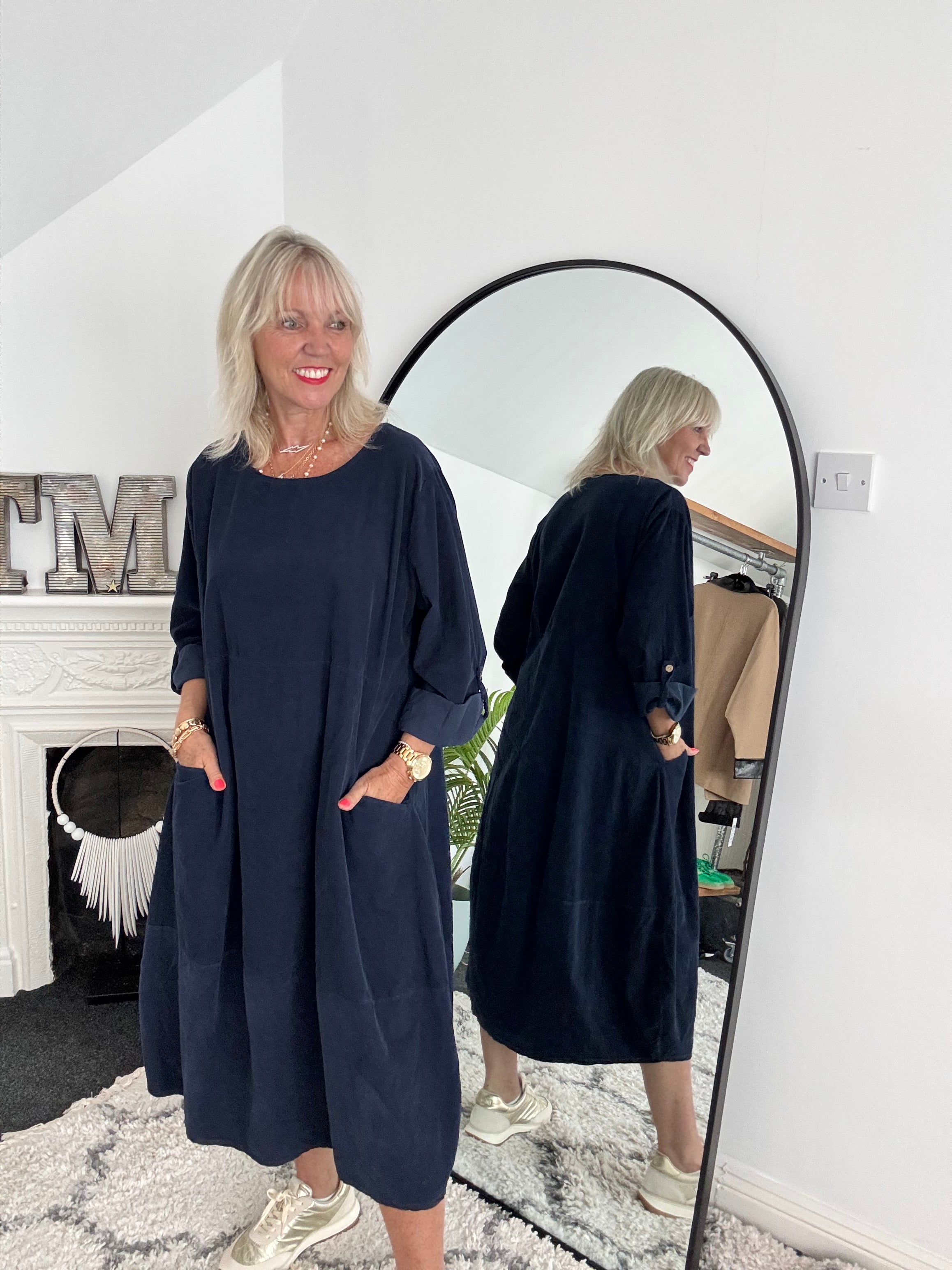 Fine Cord Cocoon Dress in Navy