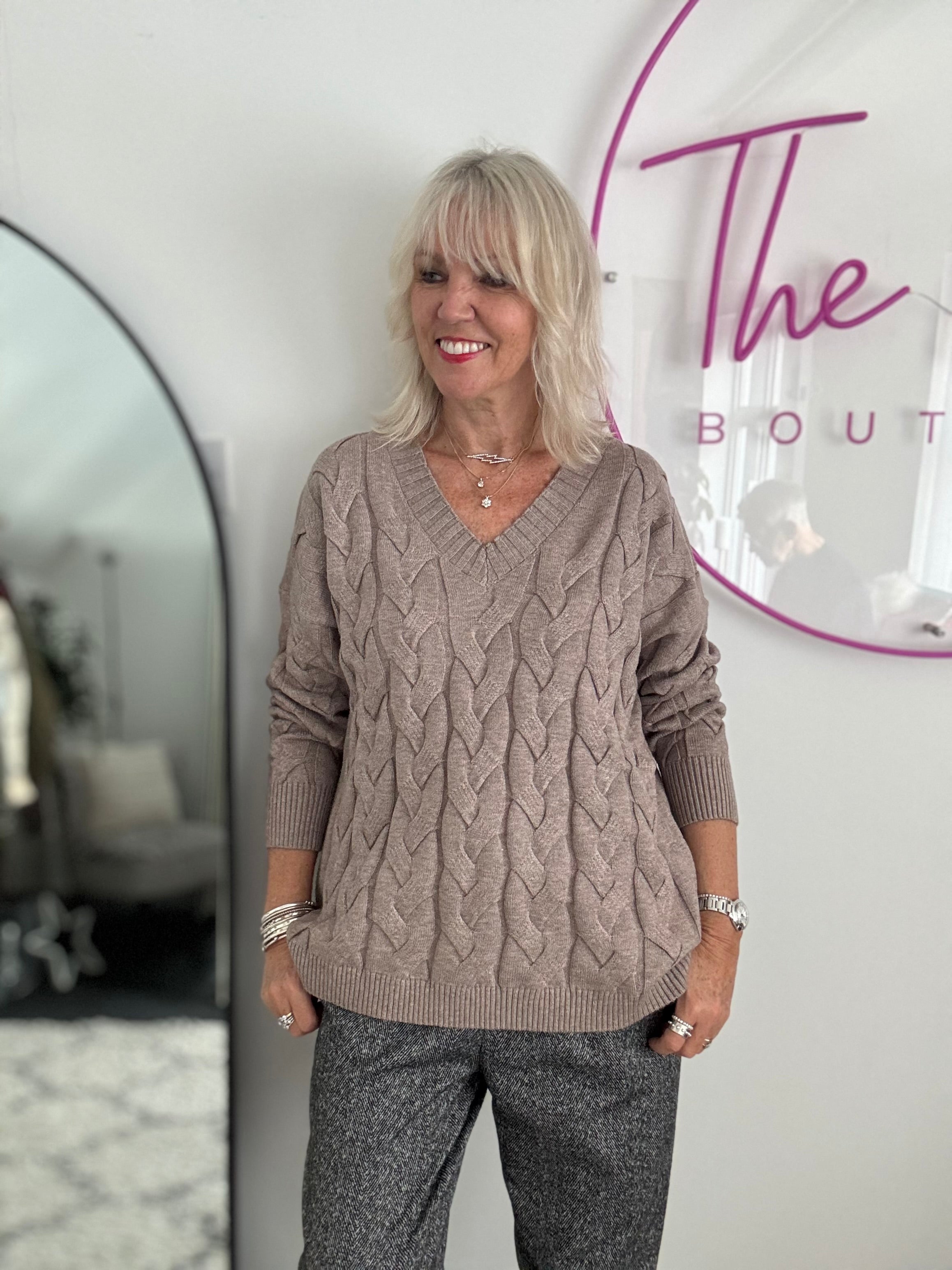 V Neck Cable Jumper in Mocha