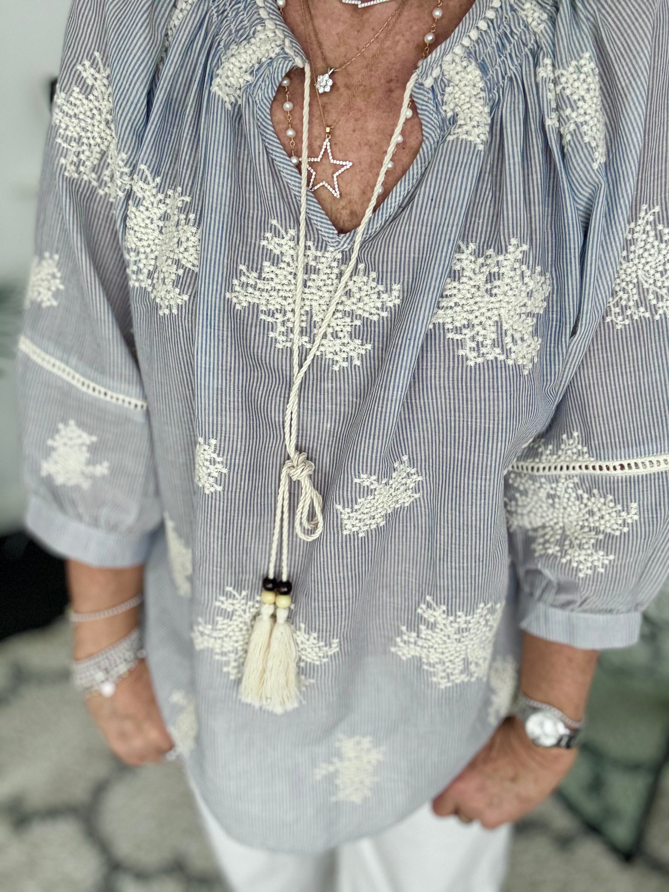 Embroidered Blouse in Blue & White
