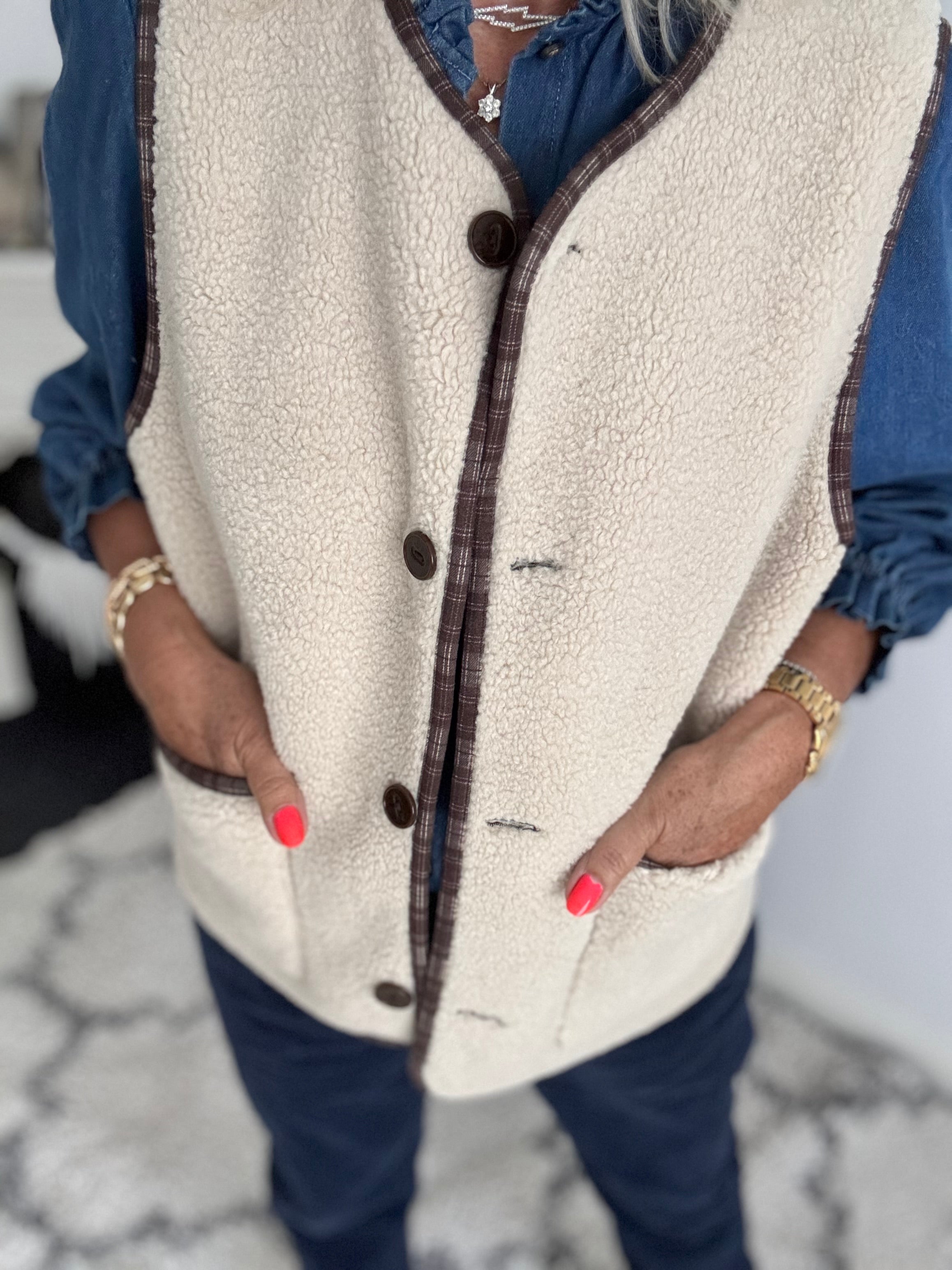 Reversible Boucle & Check Gilet in Ecru and Chocolate