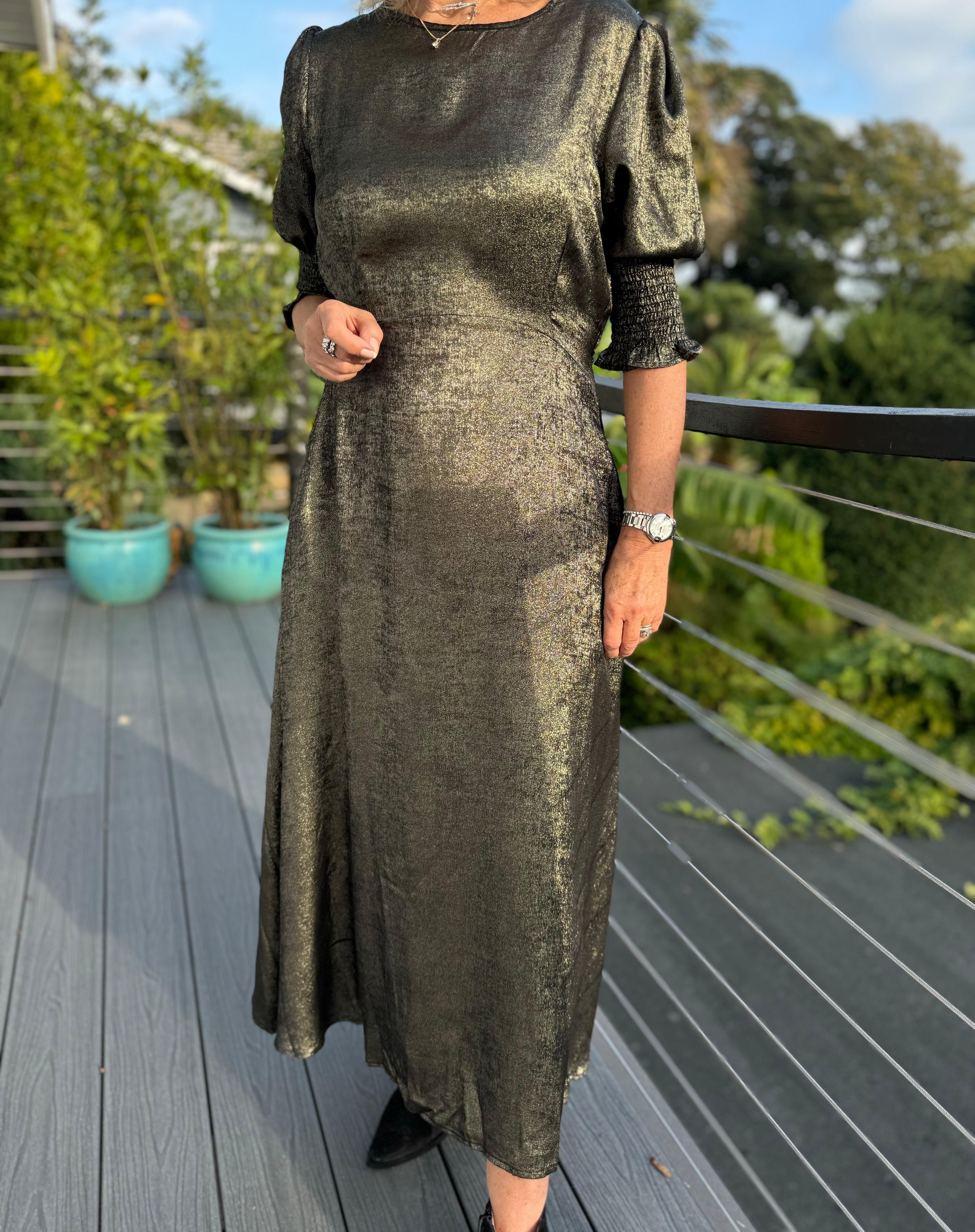 Metallic Tea Dress in Gold & Black