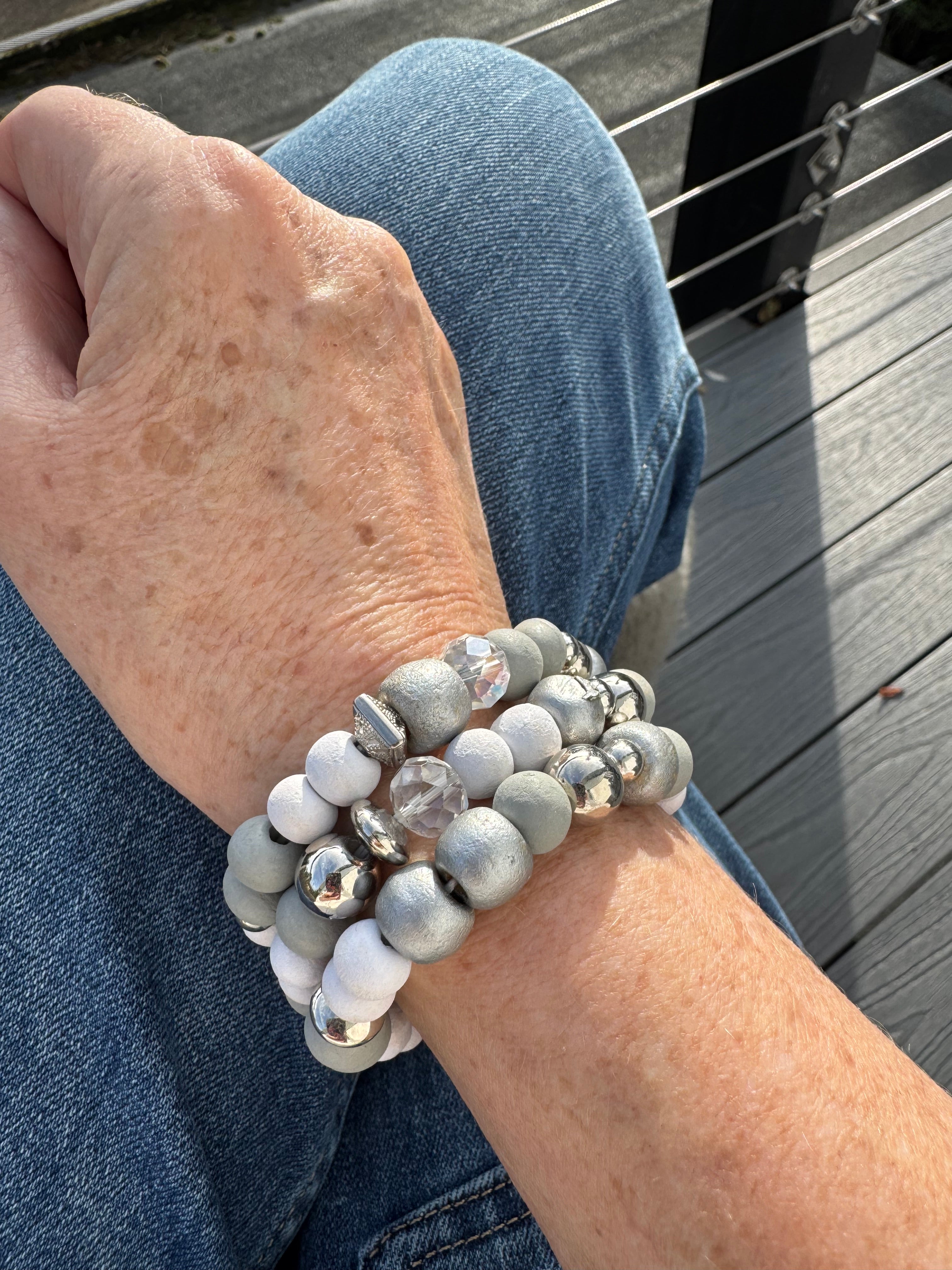 Triple Beaded Bracelet Stack in Grey & White
