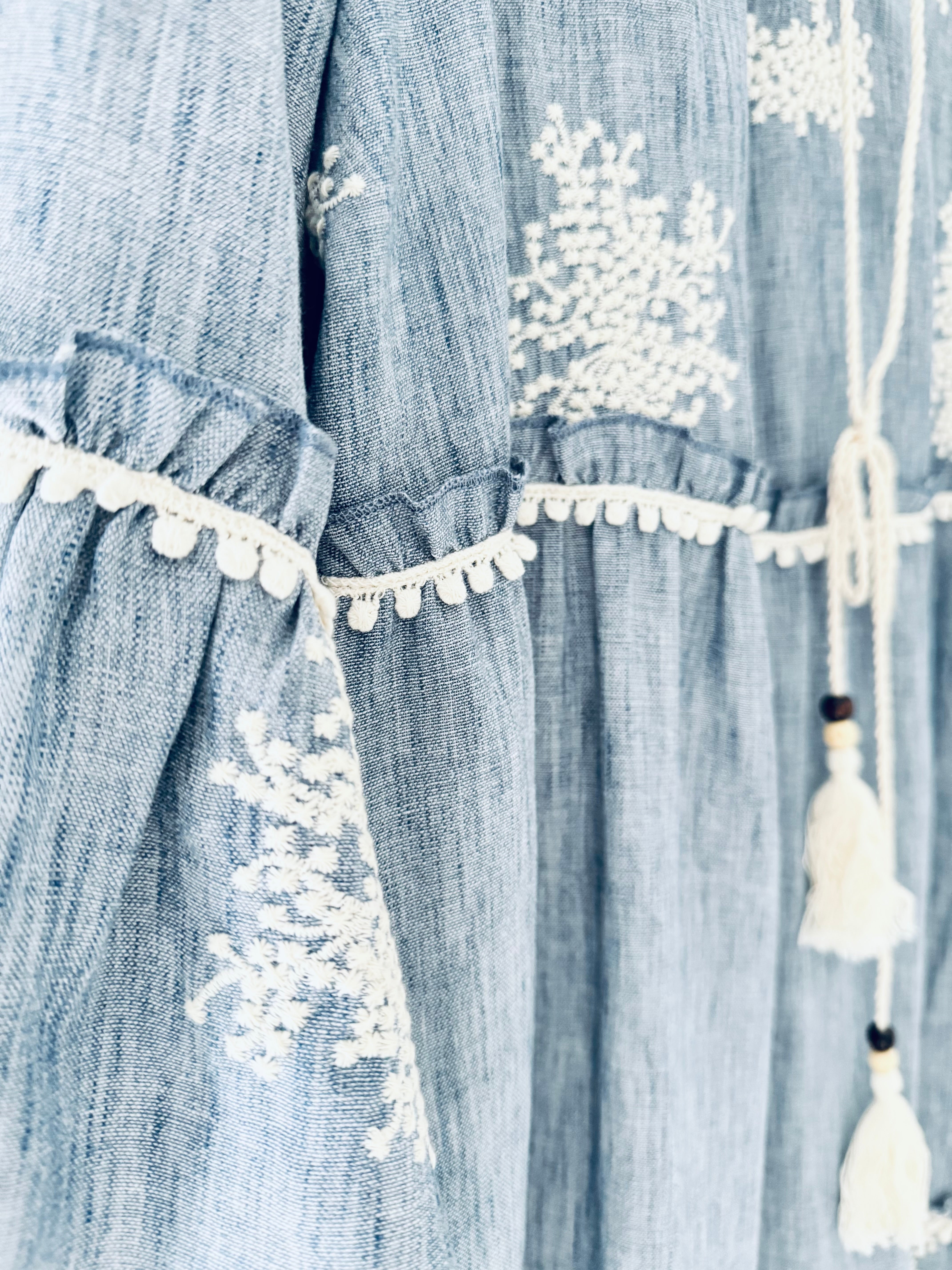 Embroidered Tiered Dress in Blue & White