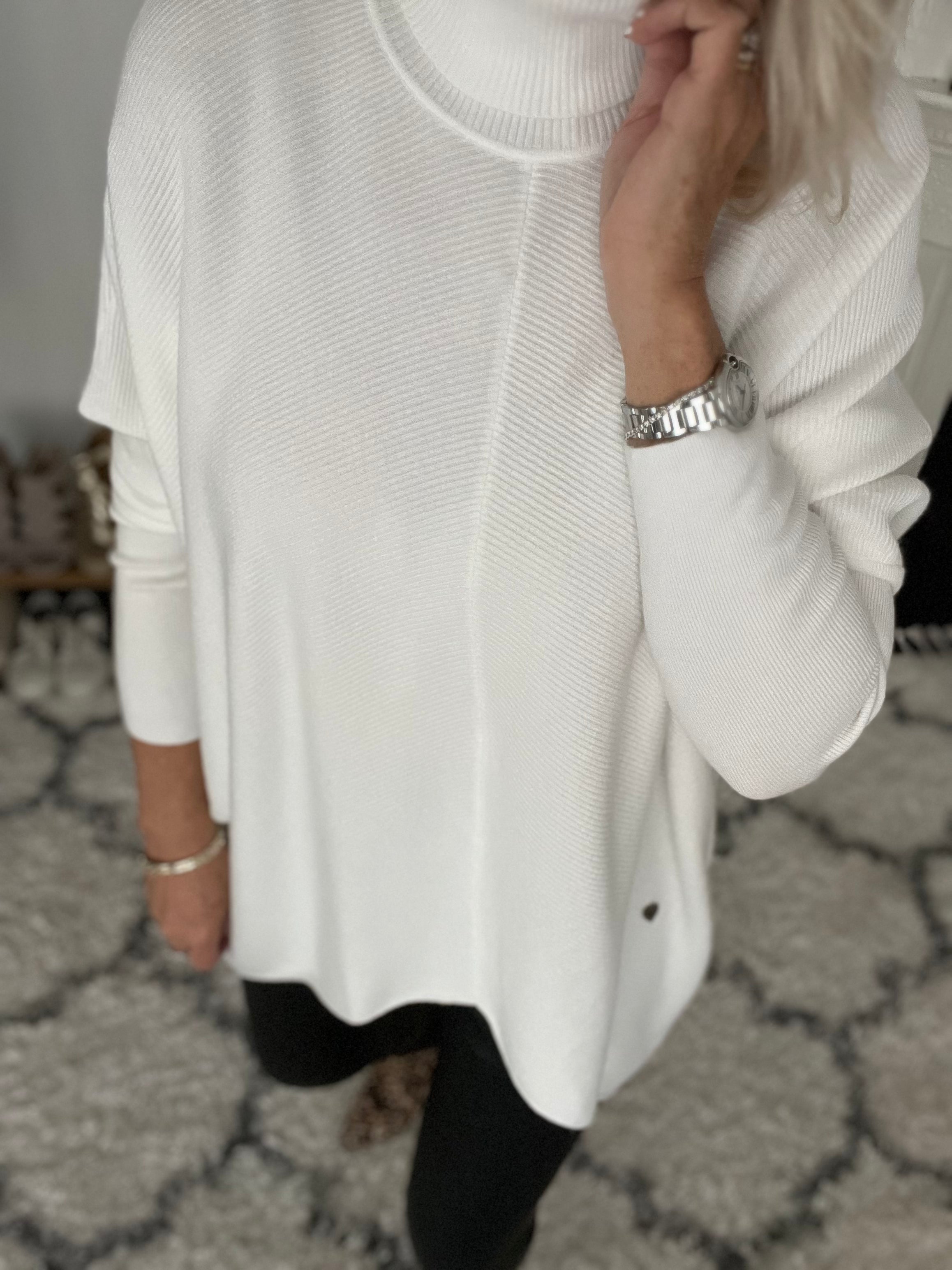 Fine Ribbed Roll Neck Poncho Jumper in Ivory