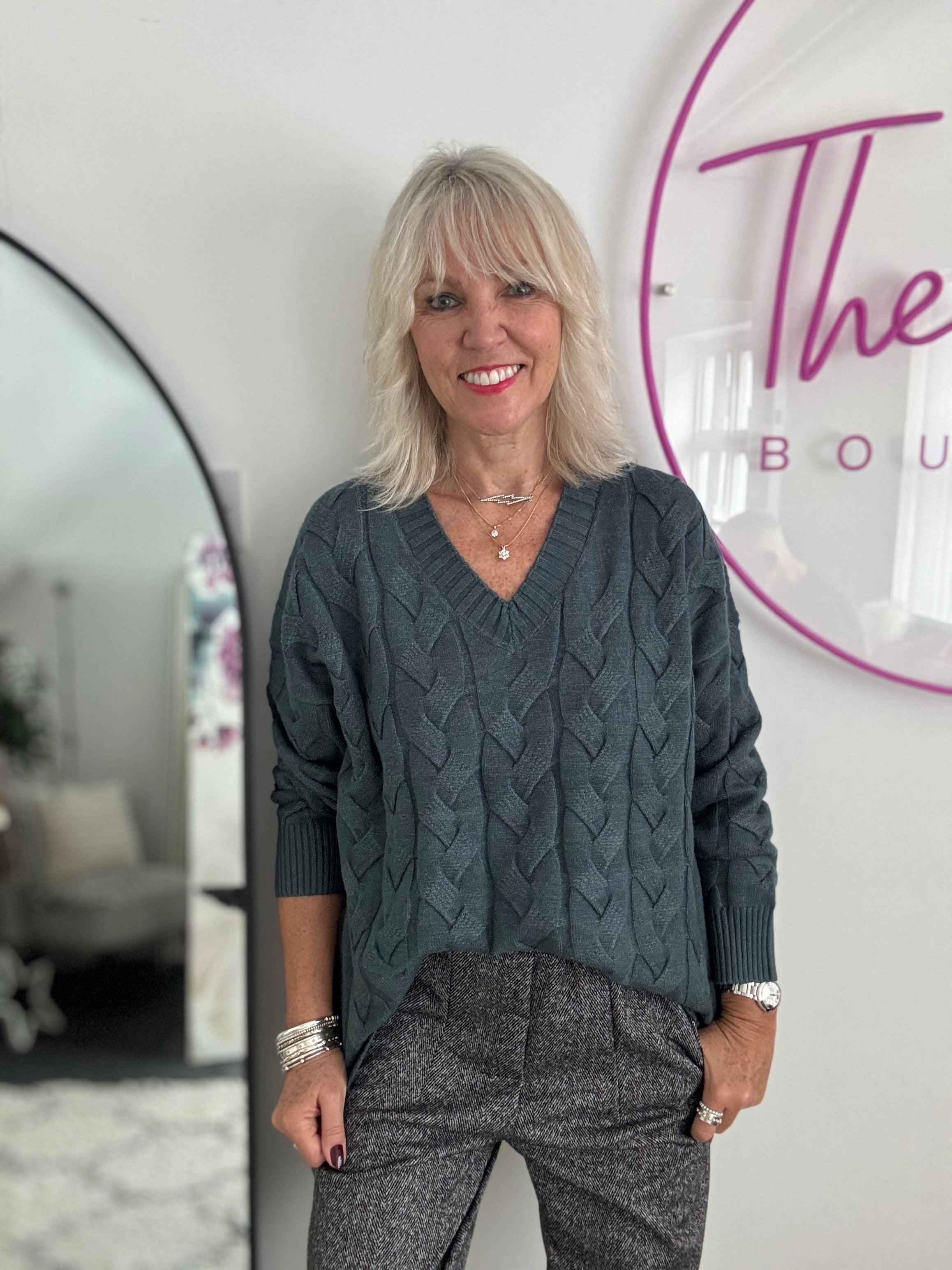 V Neck Cable Jumper in Sea Green