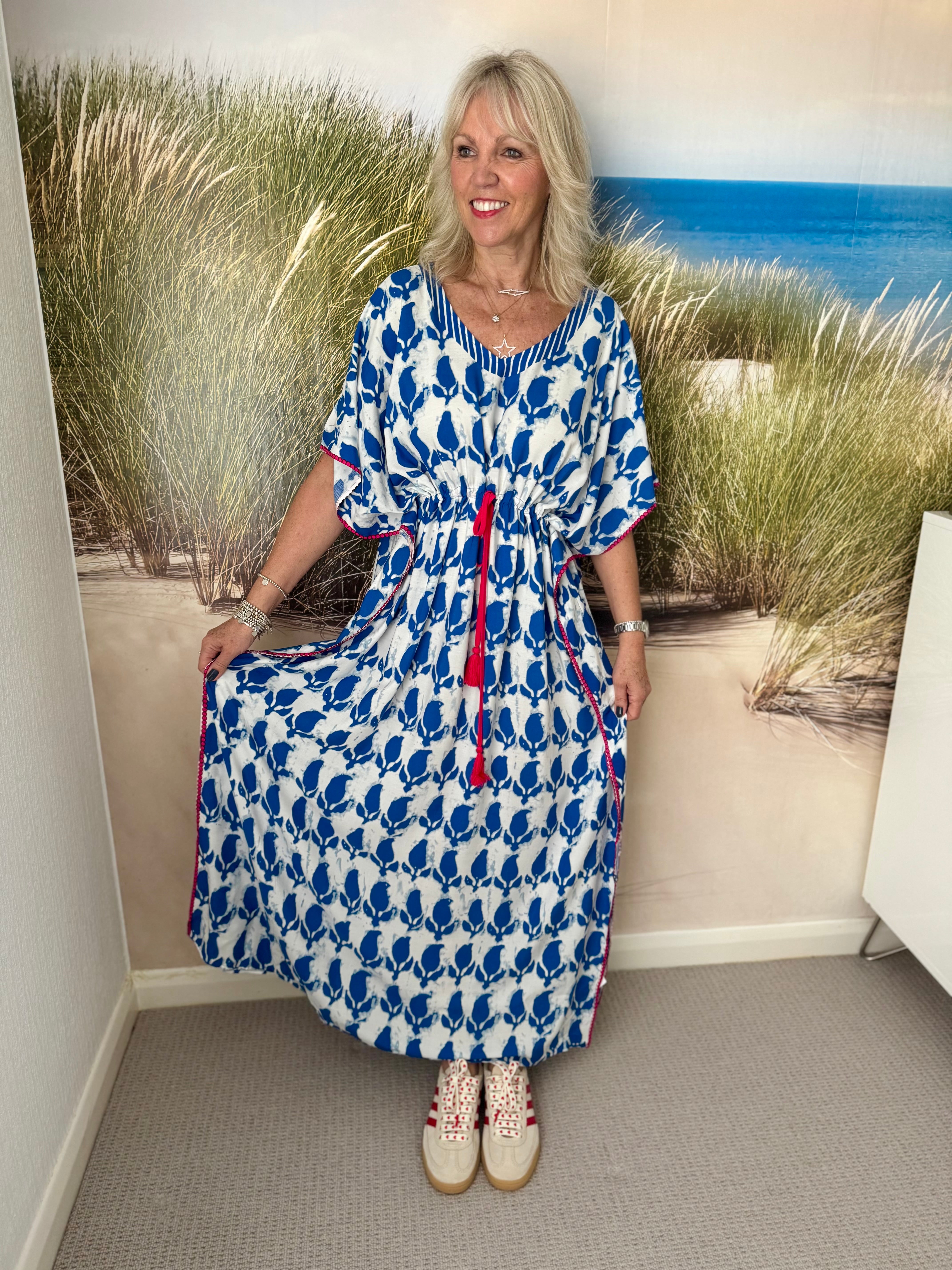 Kaftan Dress in Blue & White