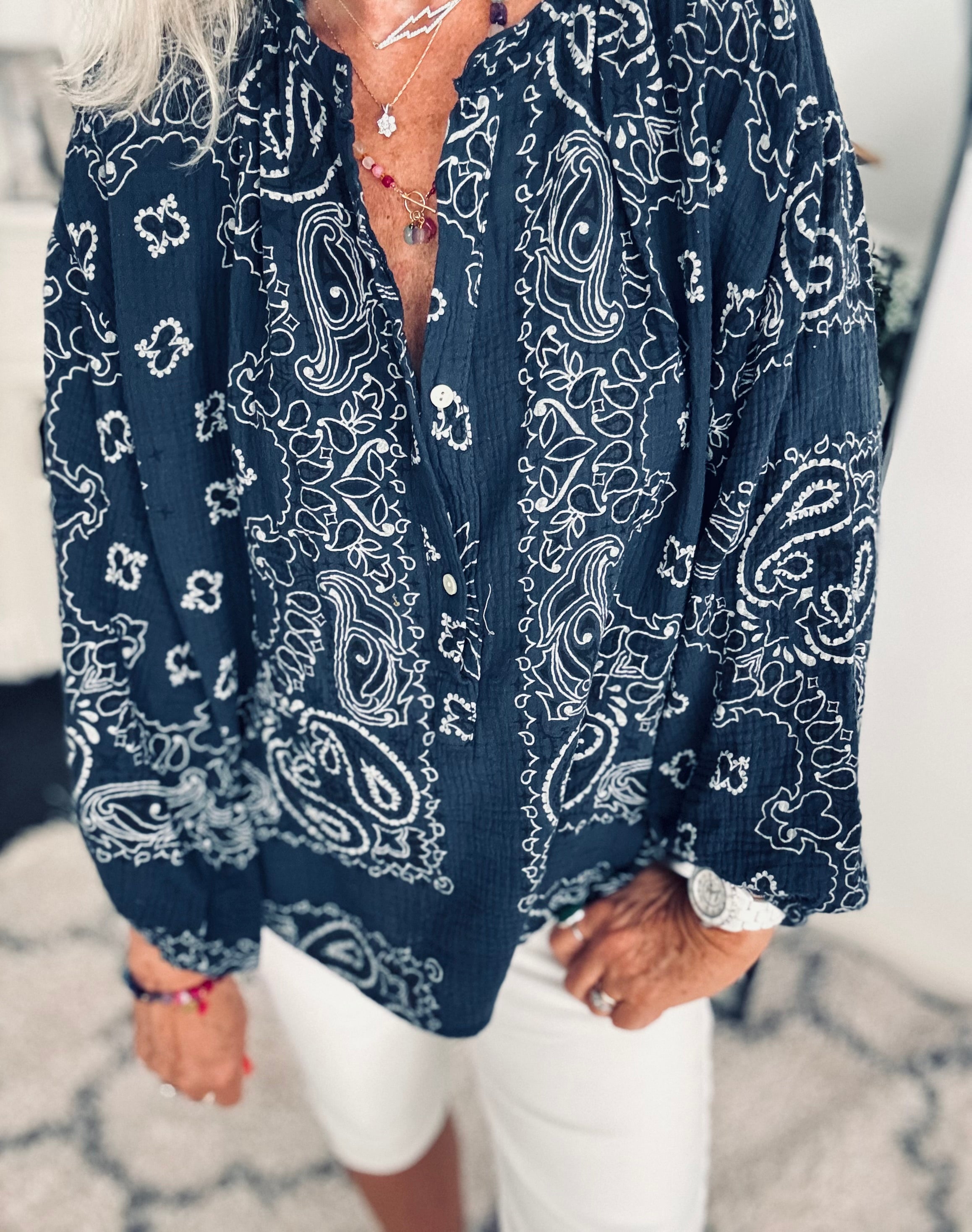 Oversized Paisley Cheesecloth Shirt in Navy