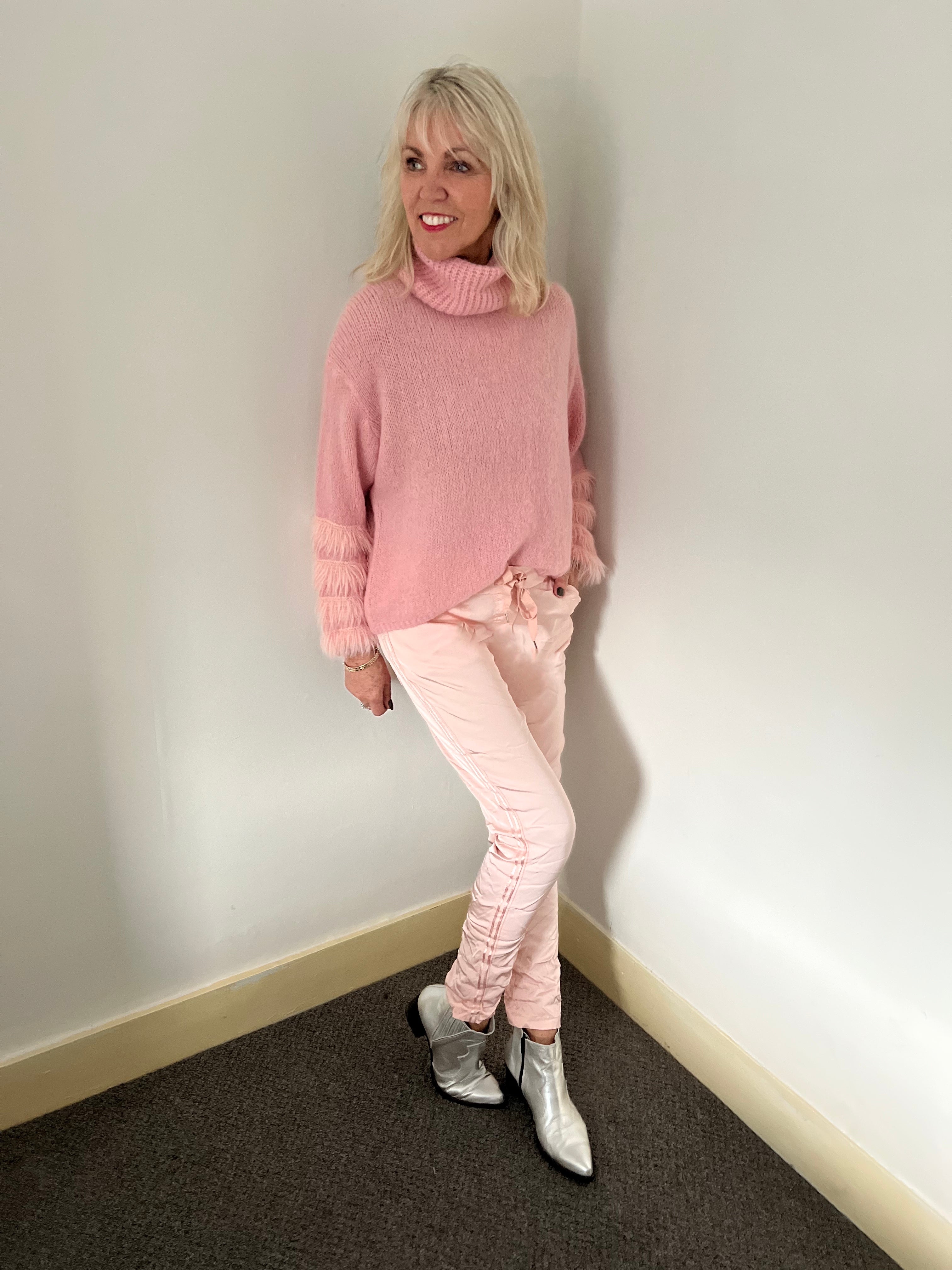 Luxe Fringe Roll Neck Sweater in Pink