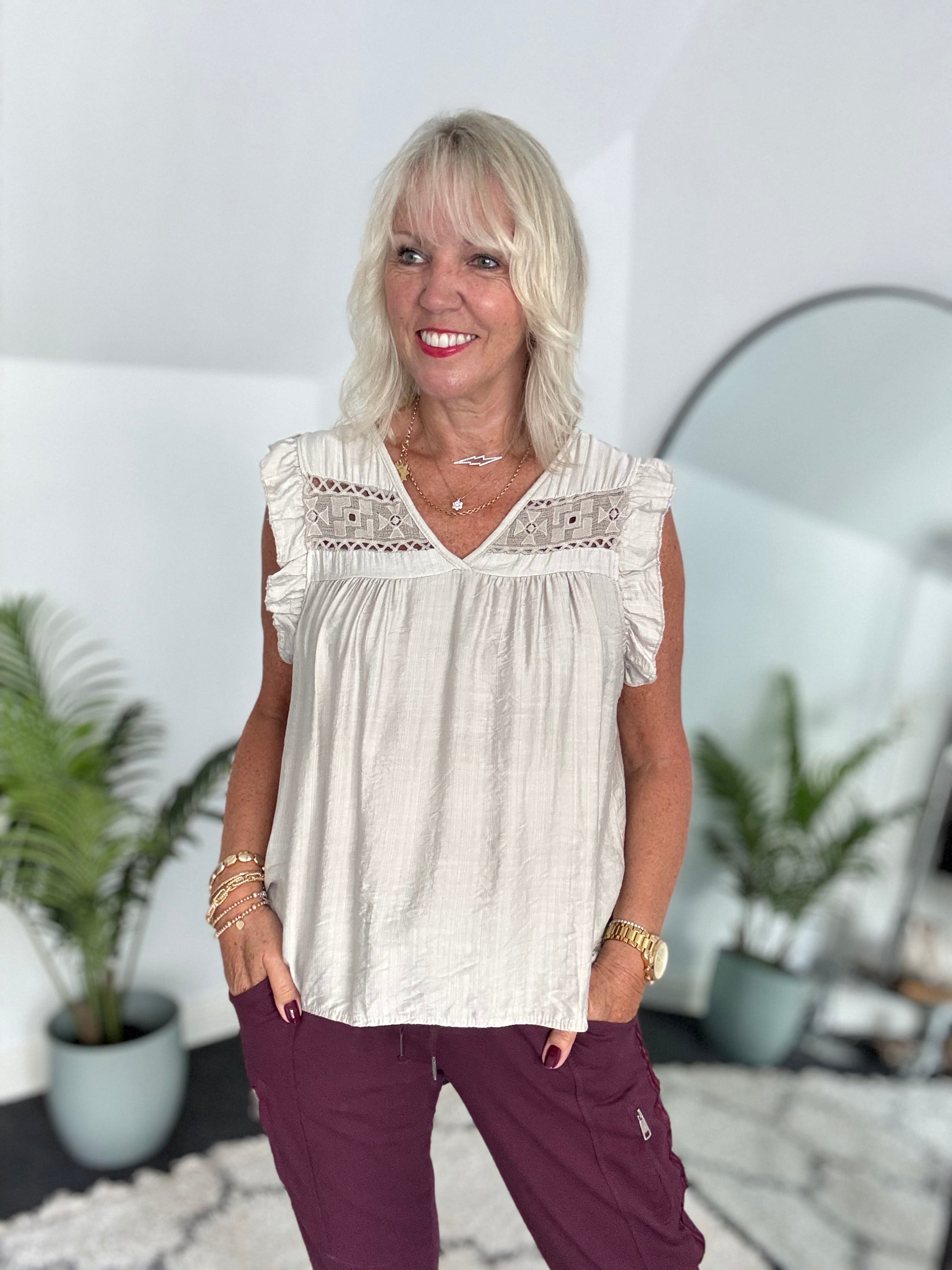 Simple V Neck Top in Ecru