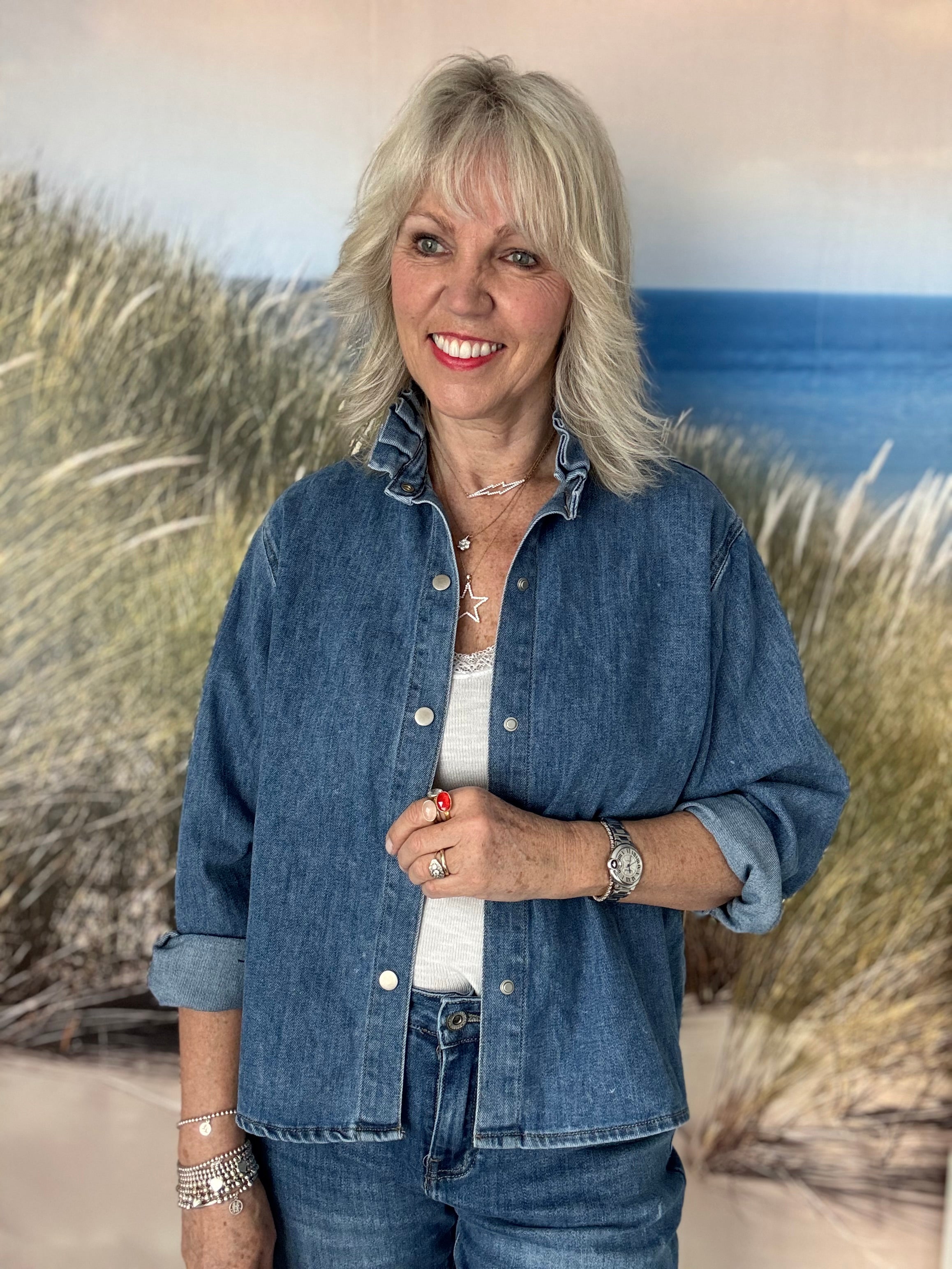 Soft Denim Shirt with Ruffle Collar