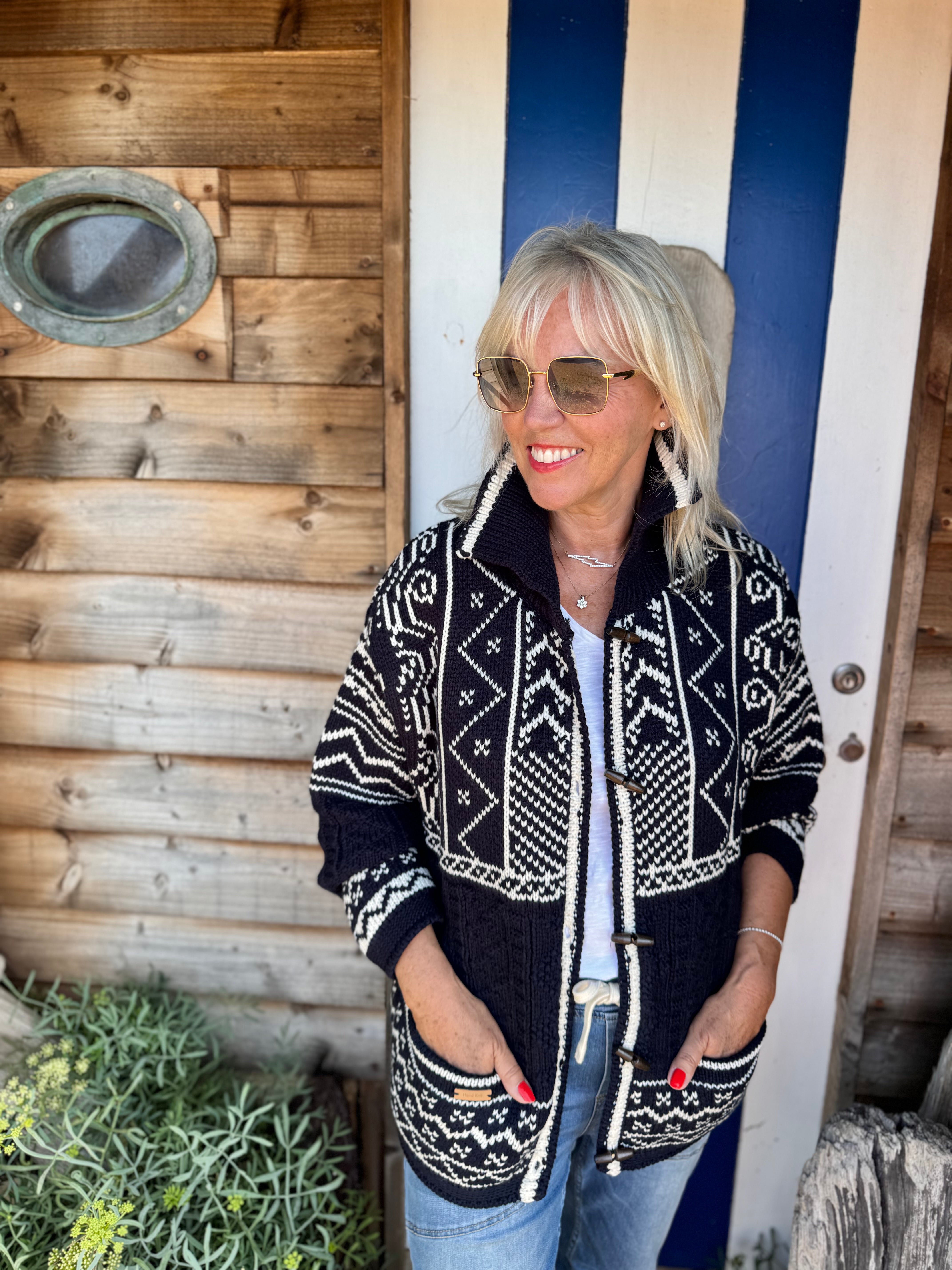 Luxe Nordic Cardigan with Toggles in Navy & White