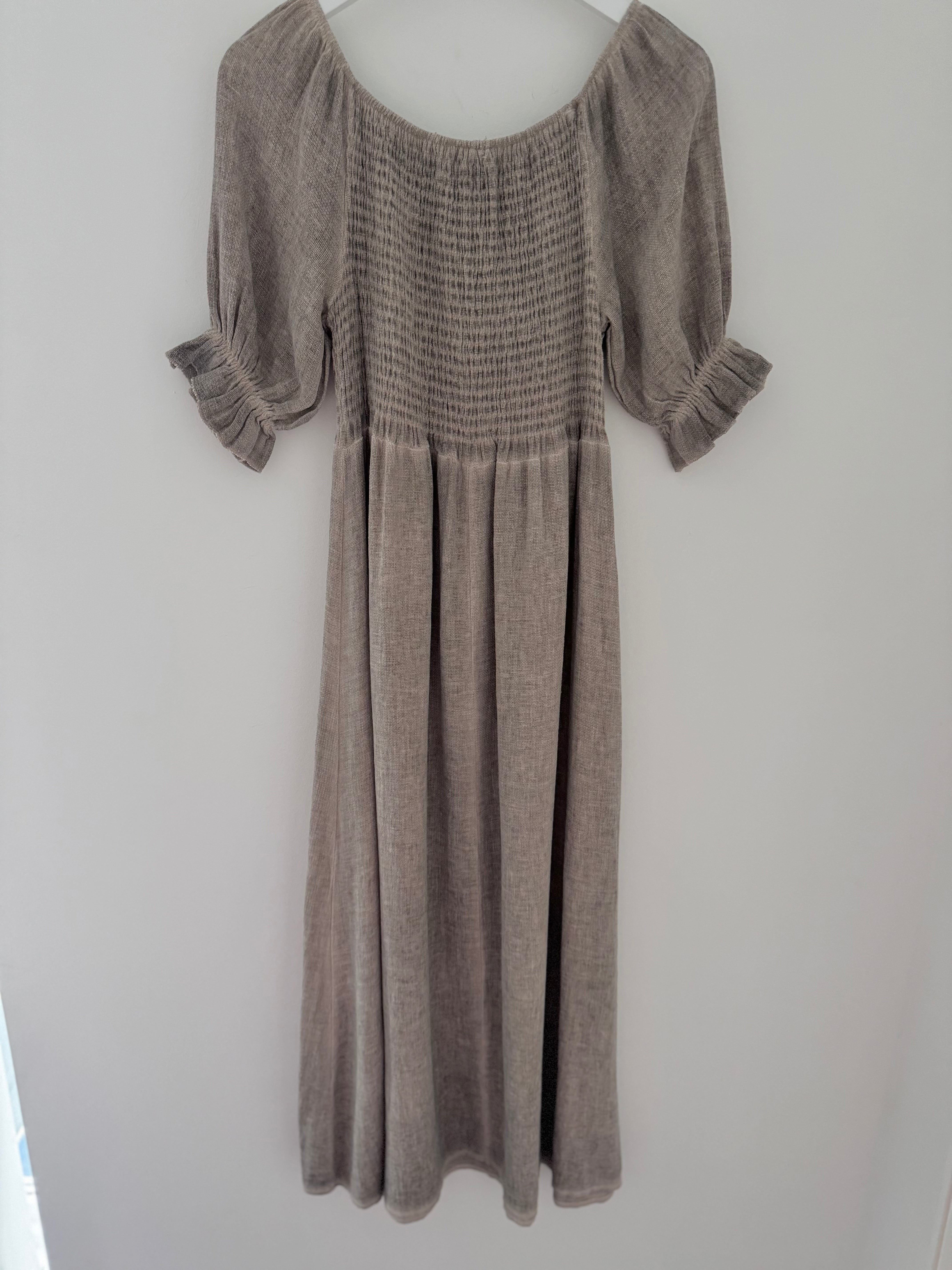 Cotton & Linen Shirred Dress in Mocha