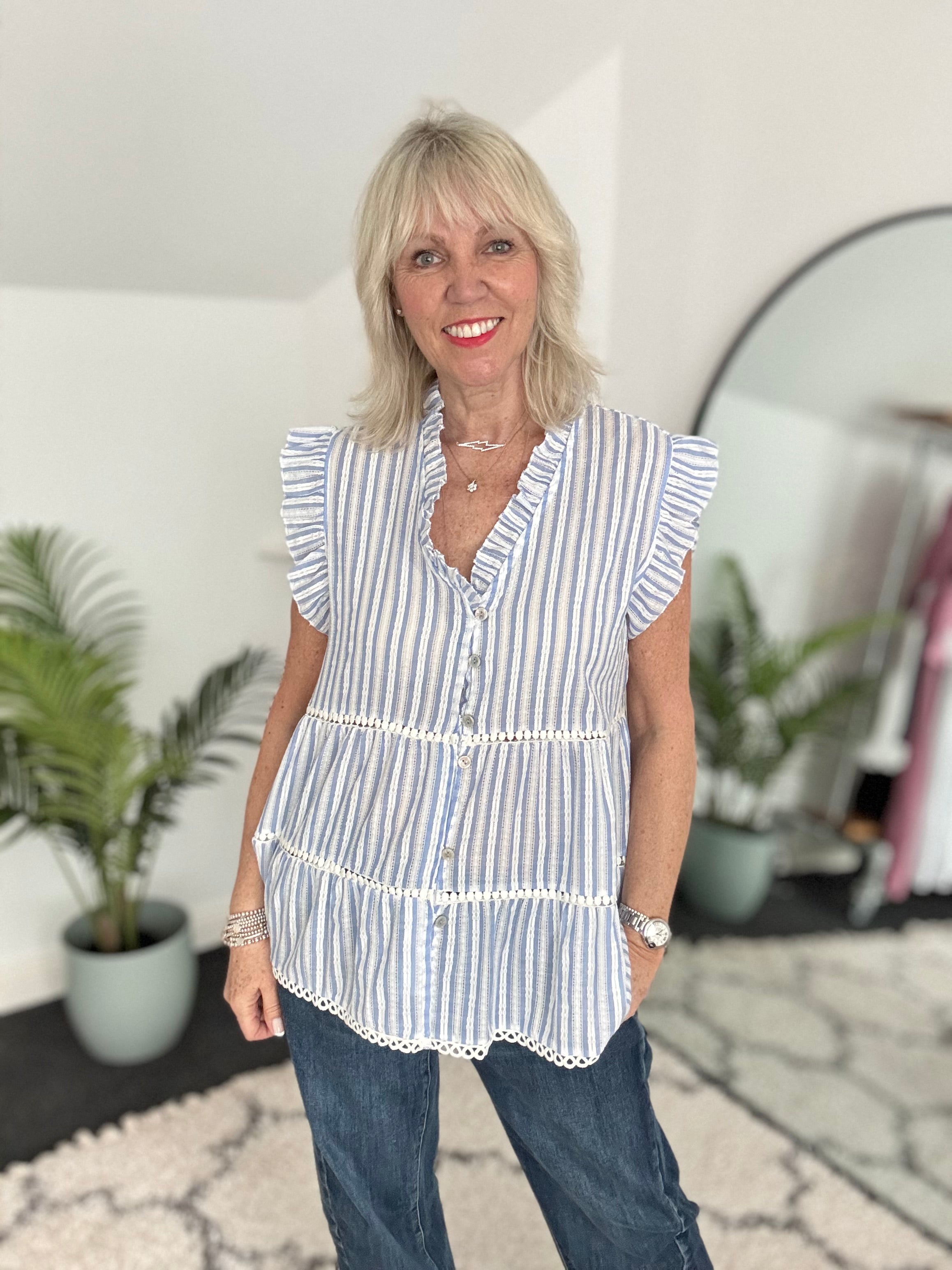 Tiered Cotton Top in Blue & White Stripe