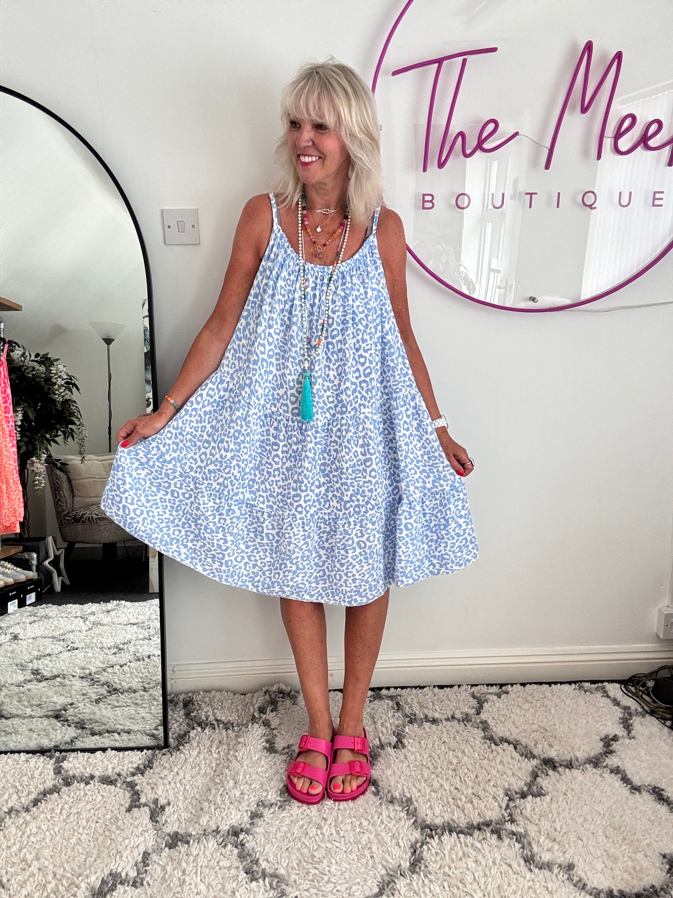 Leopard Cheesecloth Dress in Blue & White