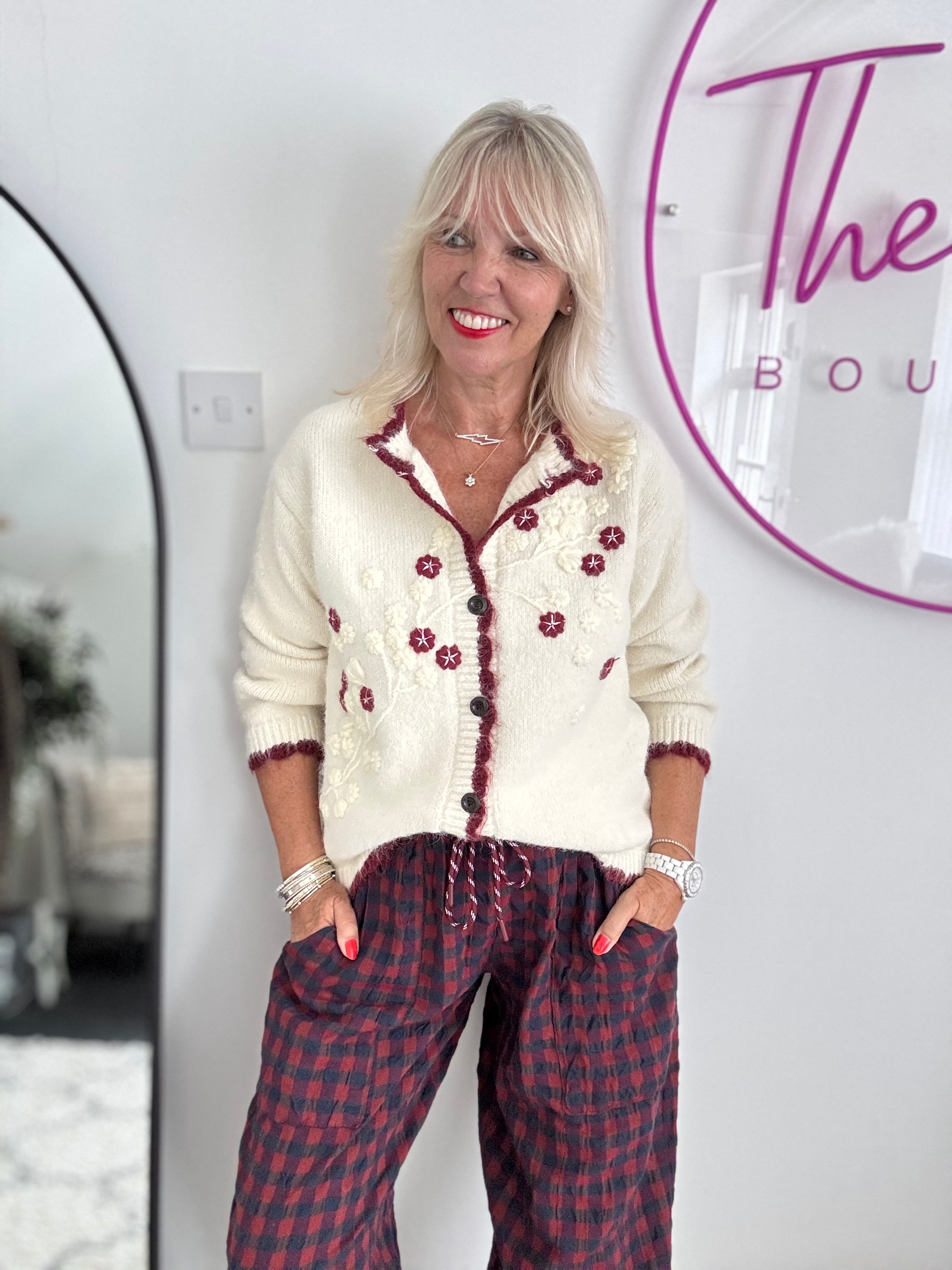 Soft Cardi with Embroidered Flowers in Vanilla & Berry