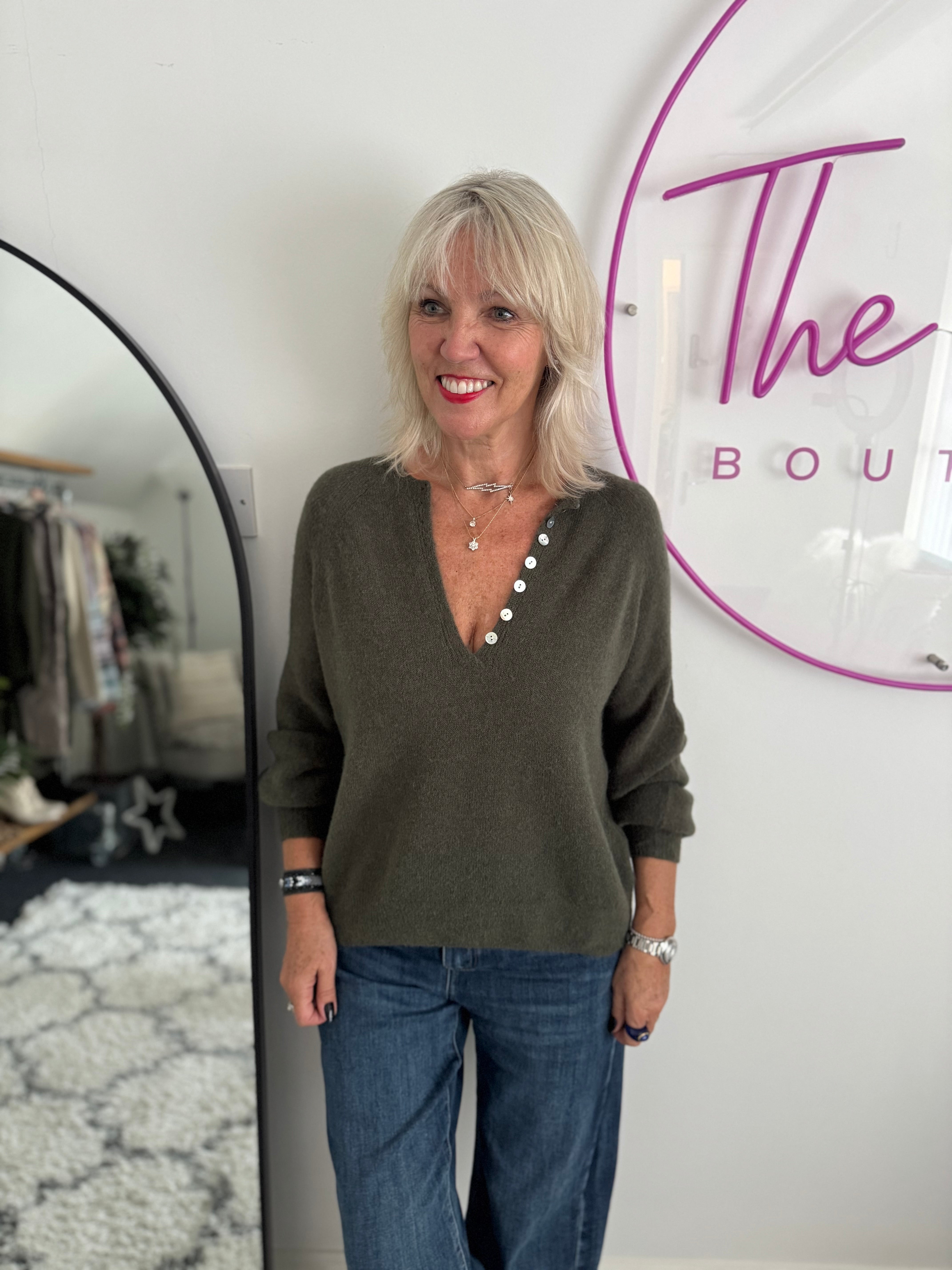 Softie Jumper with Button Neck in Deep Khaki