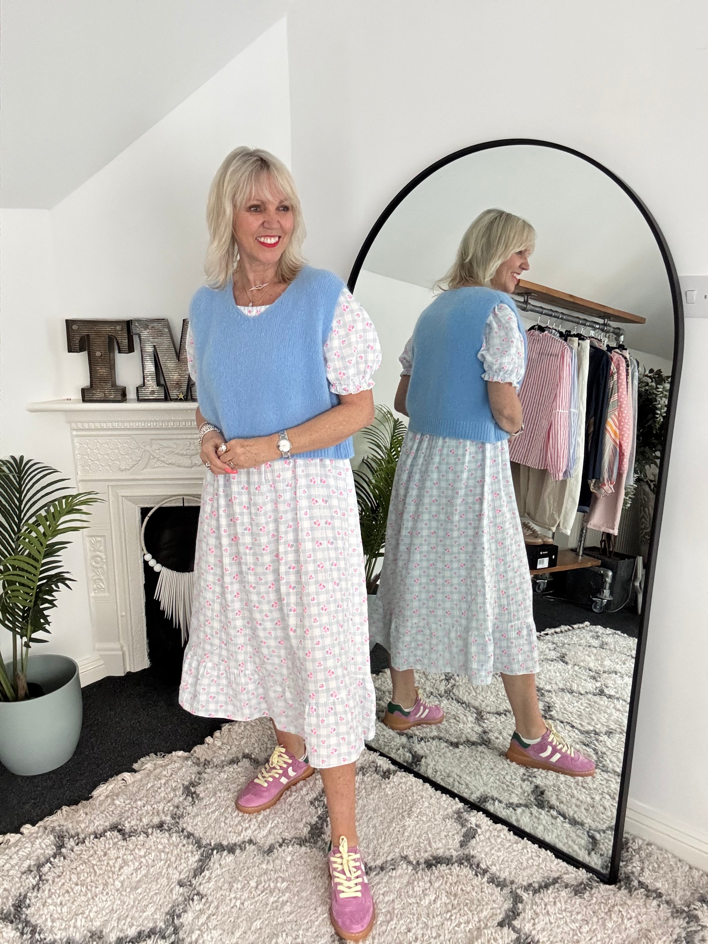 Ditsy Print Dress in Blue & Pink