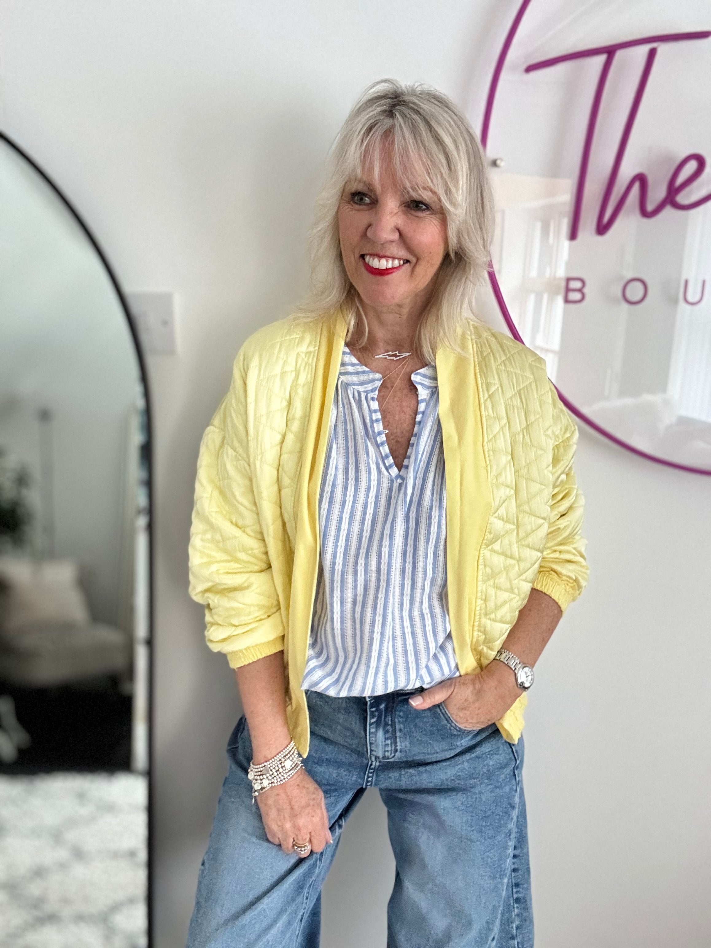 Designer Quilted Bomber Jacket in Lemon