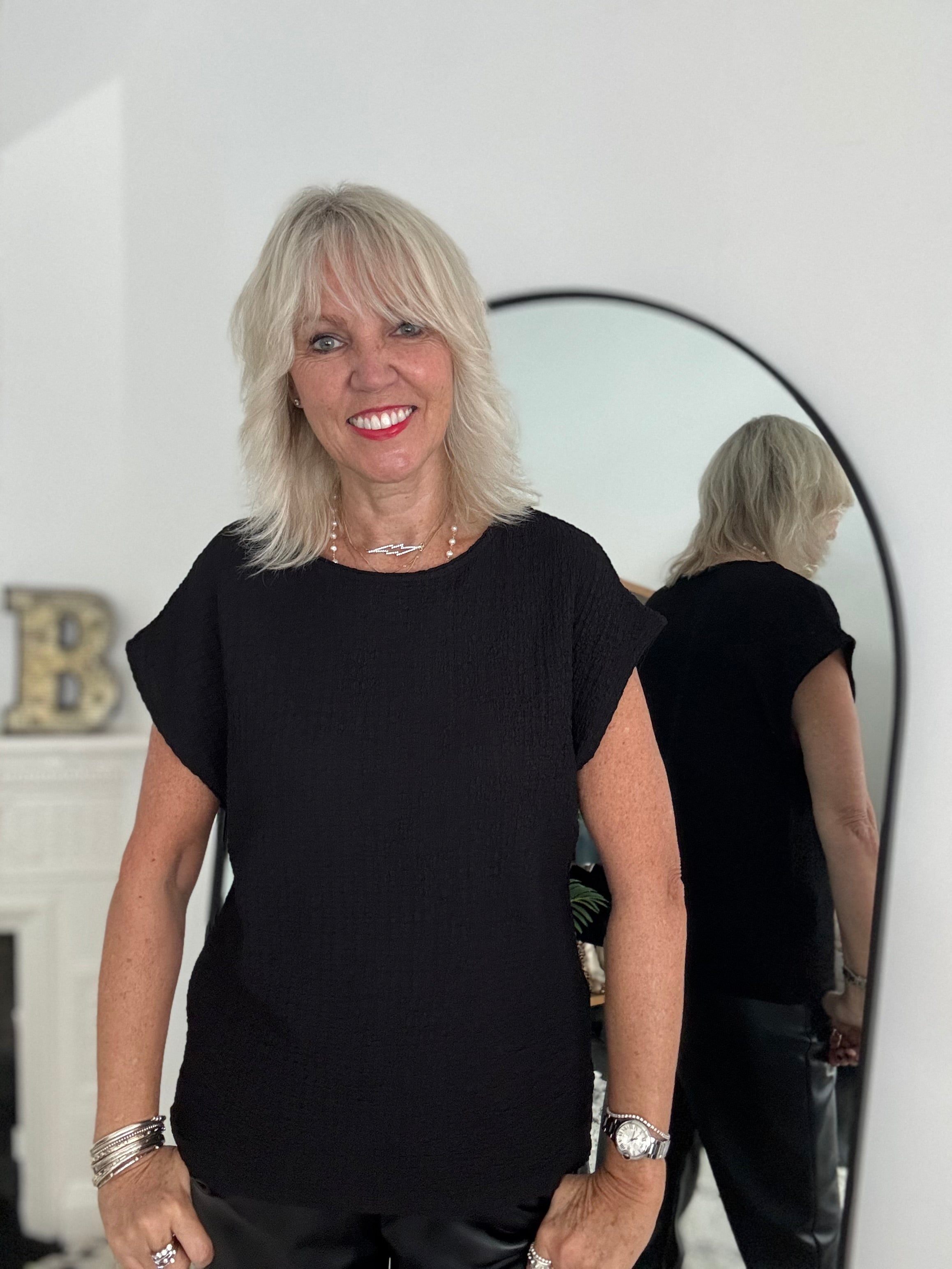 Textured Stretch Crepe Top in Black