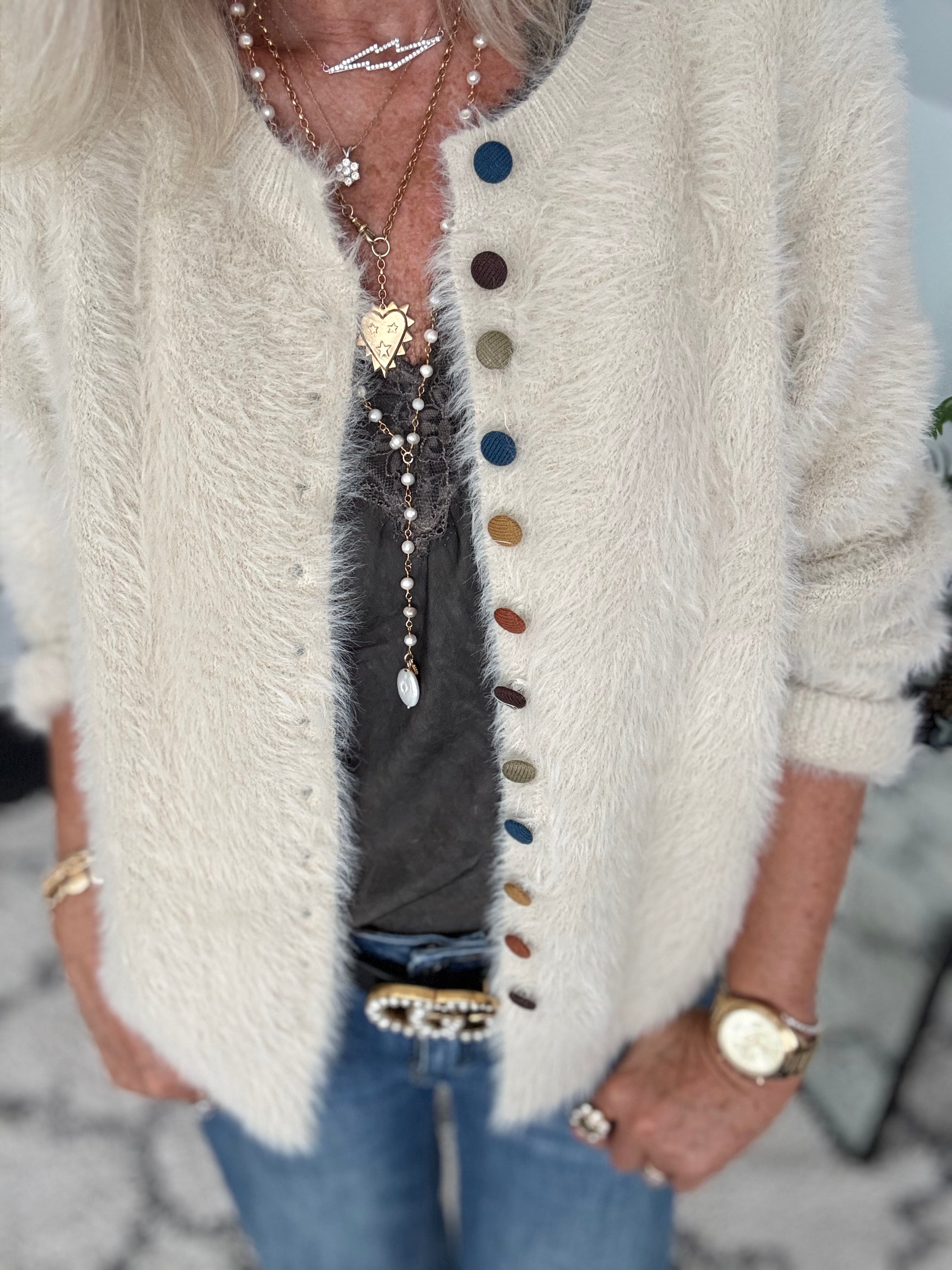 Fluffy Cardi with Multicolour Buttons in Ecru