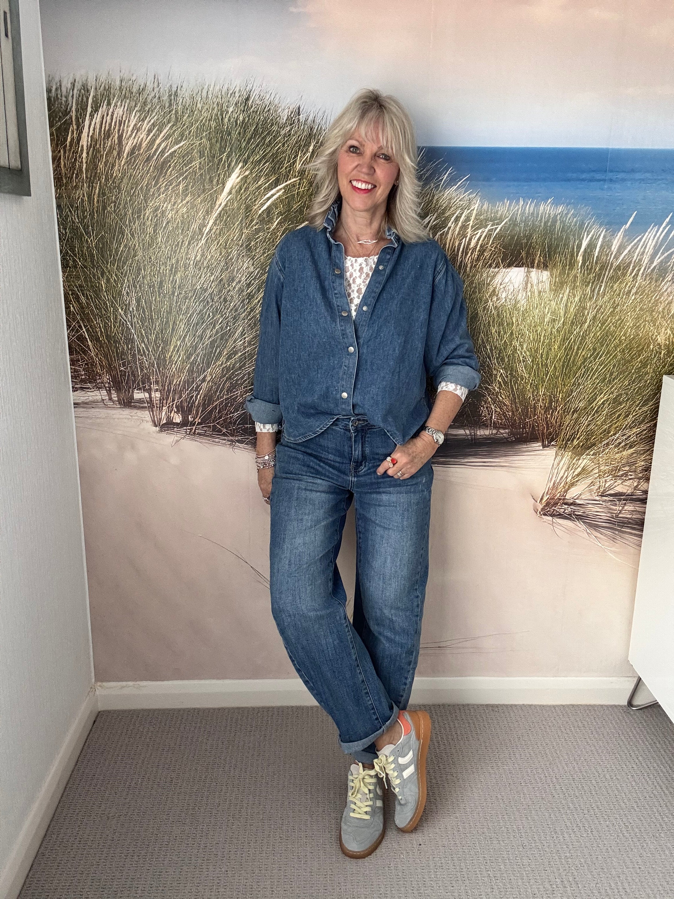 Soft Denim Shirt with Ruffle Collar