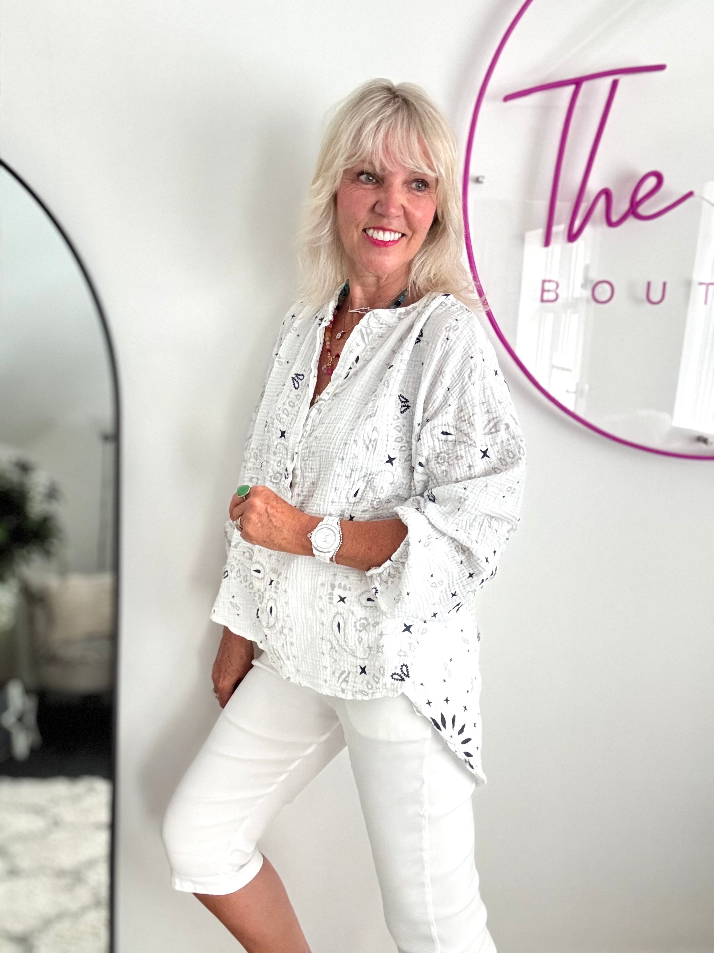 Oversized Paisley Cheesecloth Shirt in White