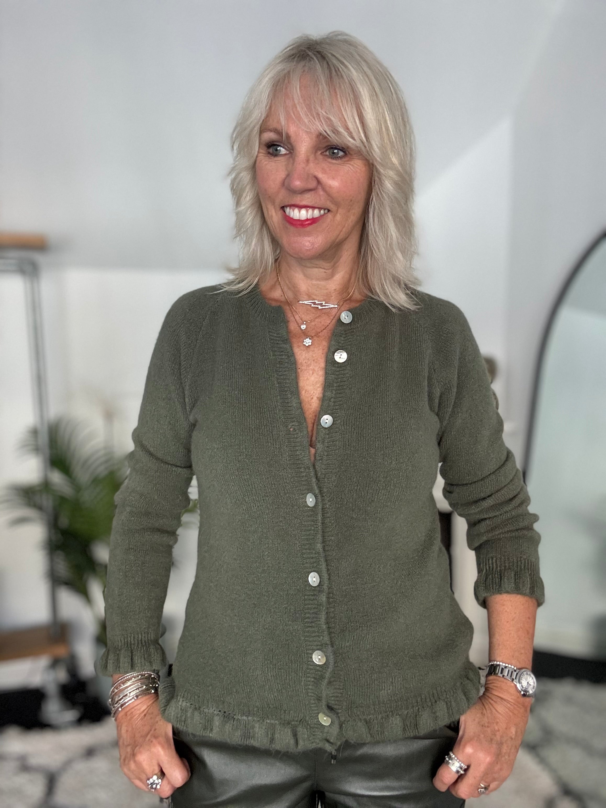 Alpaca Cardi with Frill Hems in Khaki