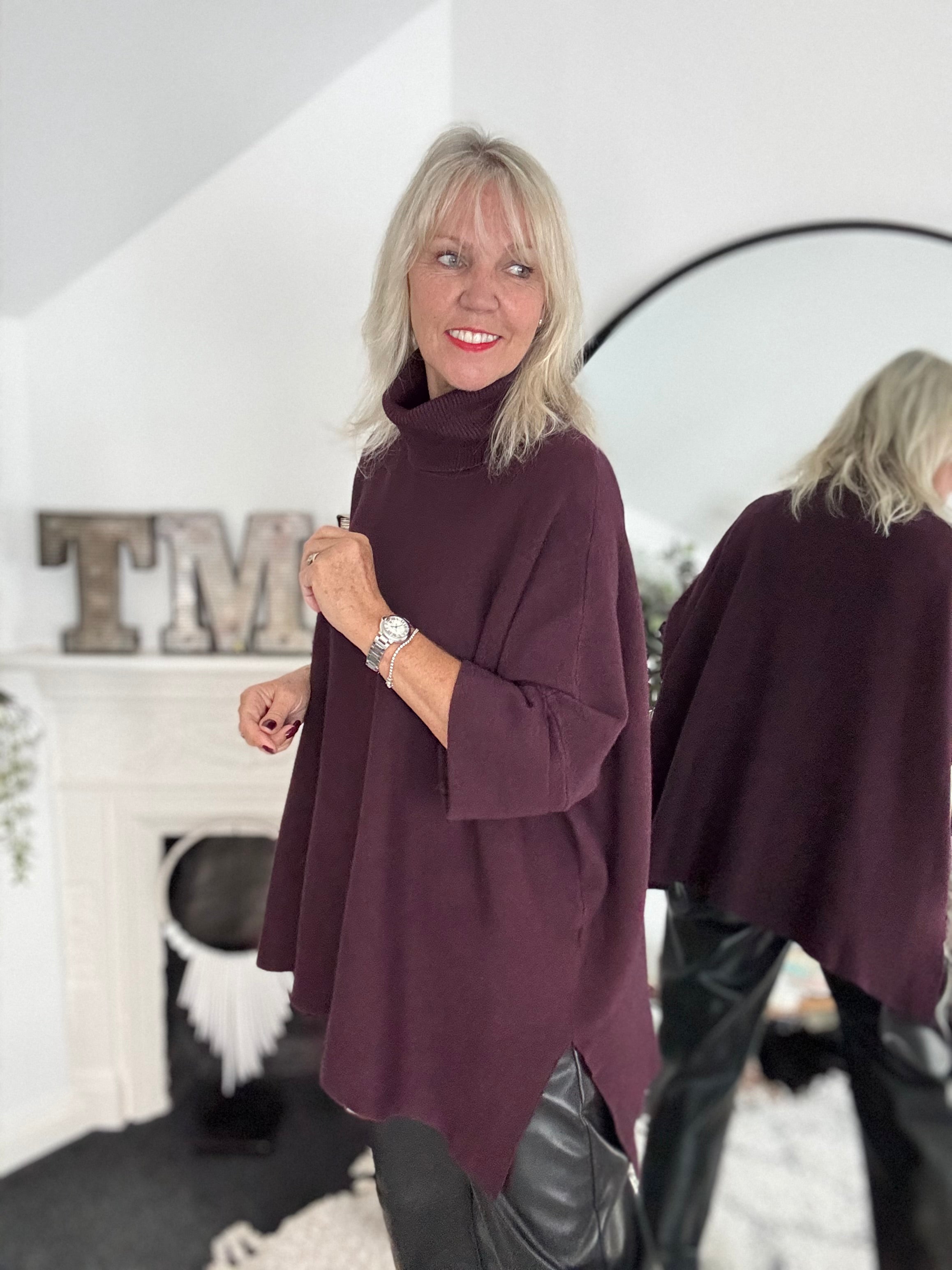 Oversized Roll Neck Poncho Jumper in Plum