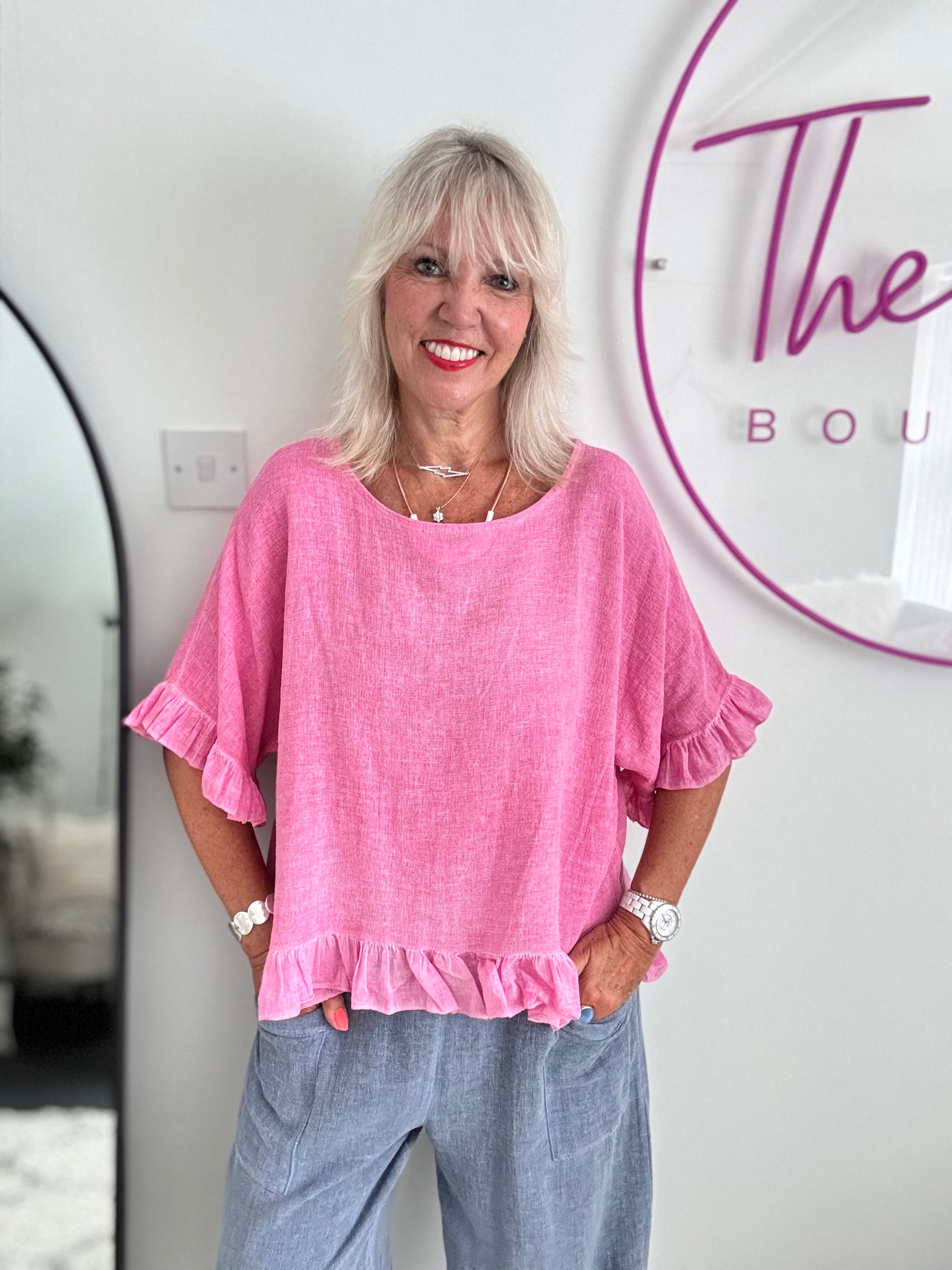 Linen & Cotton Ruffle Edge Top in Candy Pink