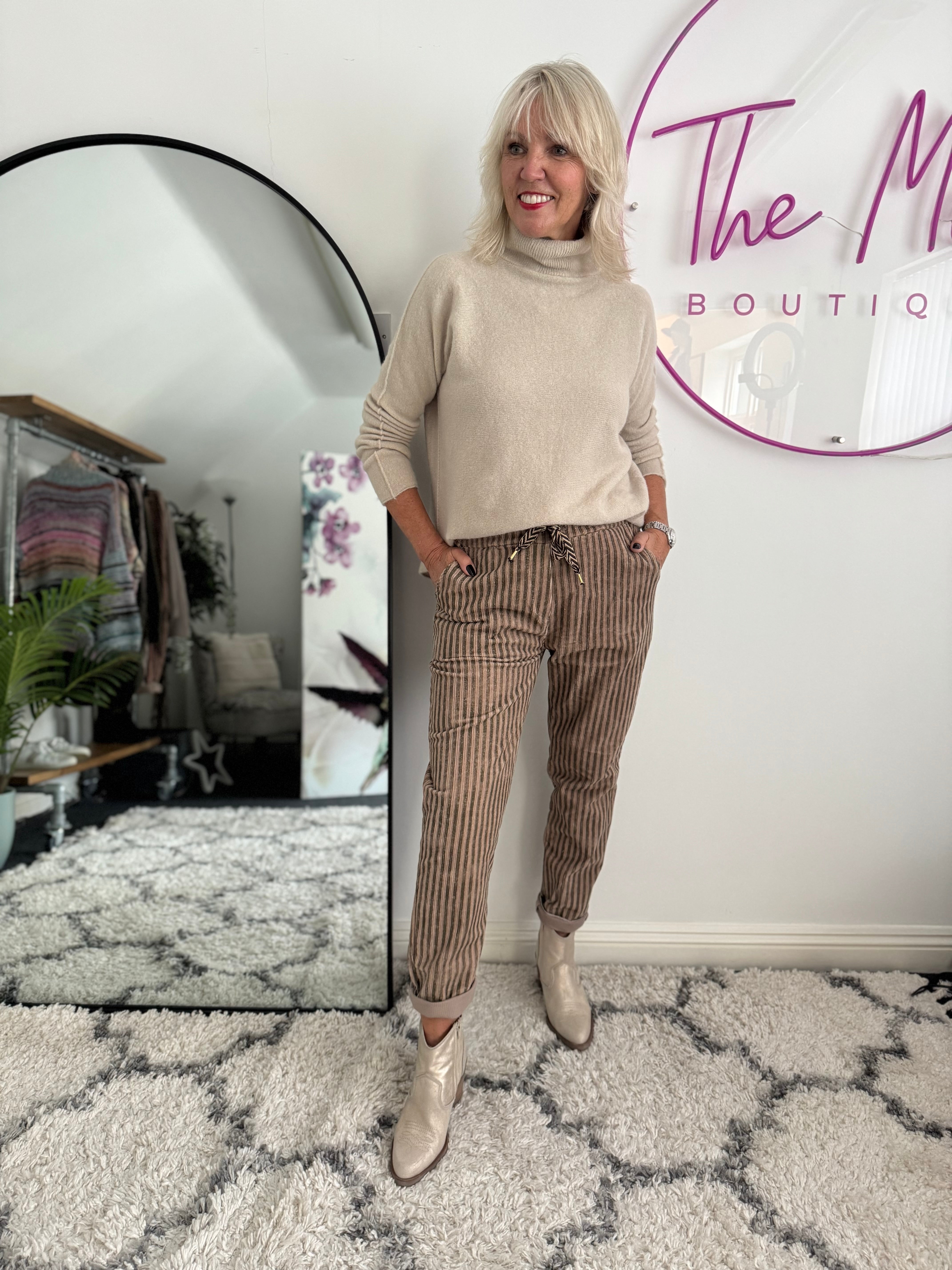 Chenille Cord Joggers in Mocha & Khaki Stripe