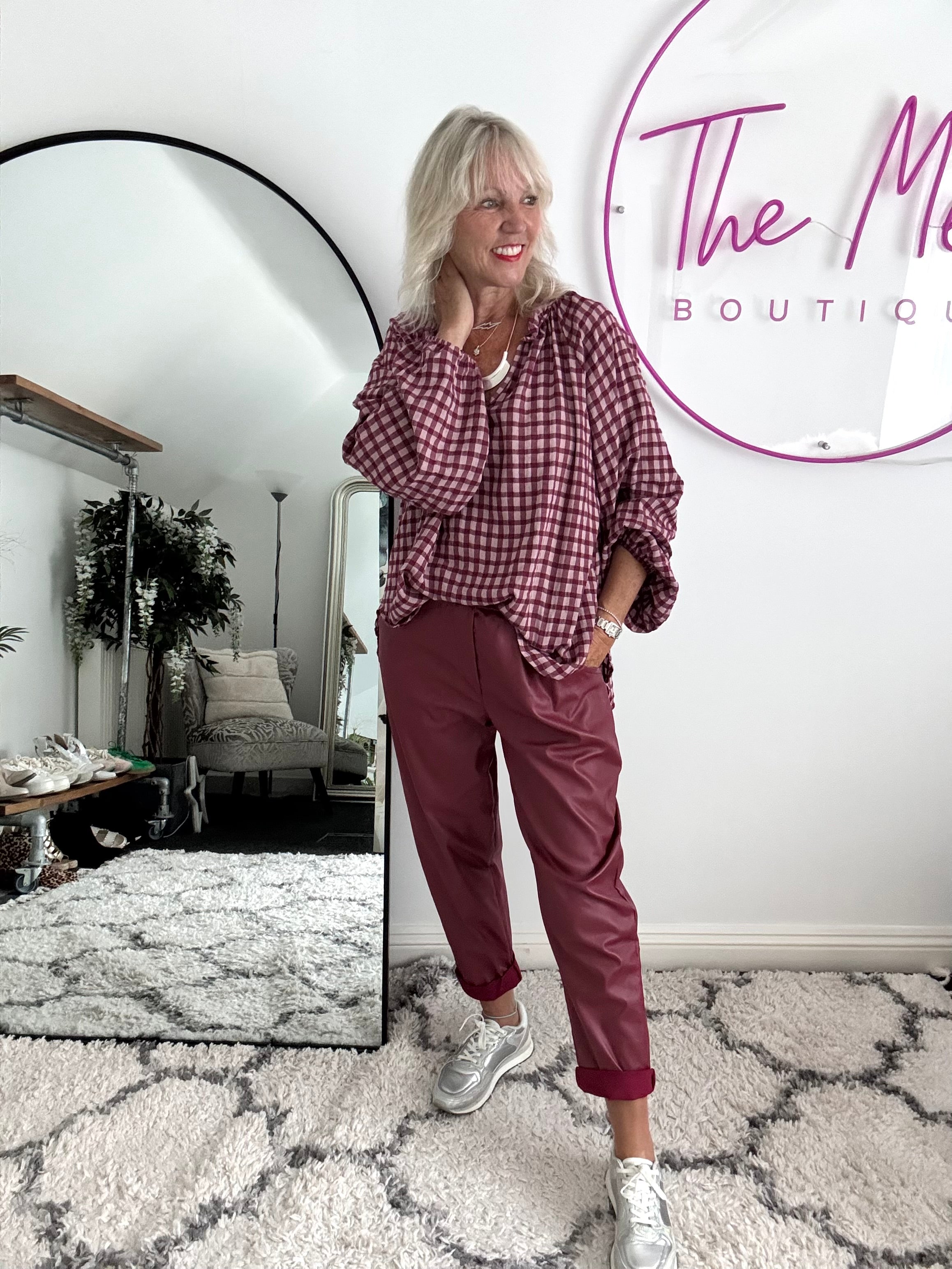 Super Stretch Waxed Barrel Trousers in Berry