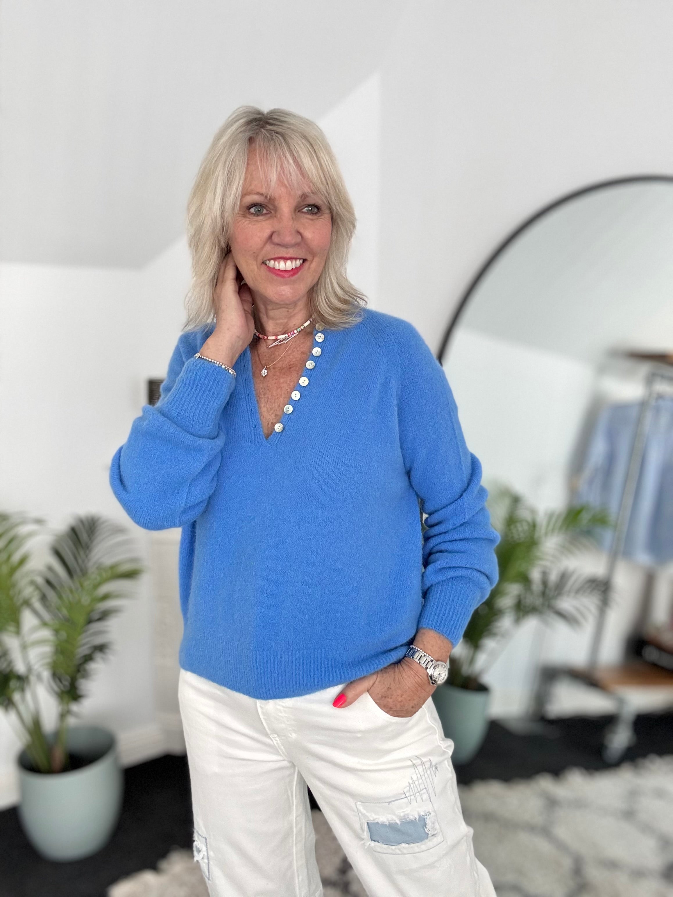 Softie Jumper with Button Neck in Cornflower