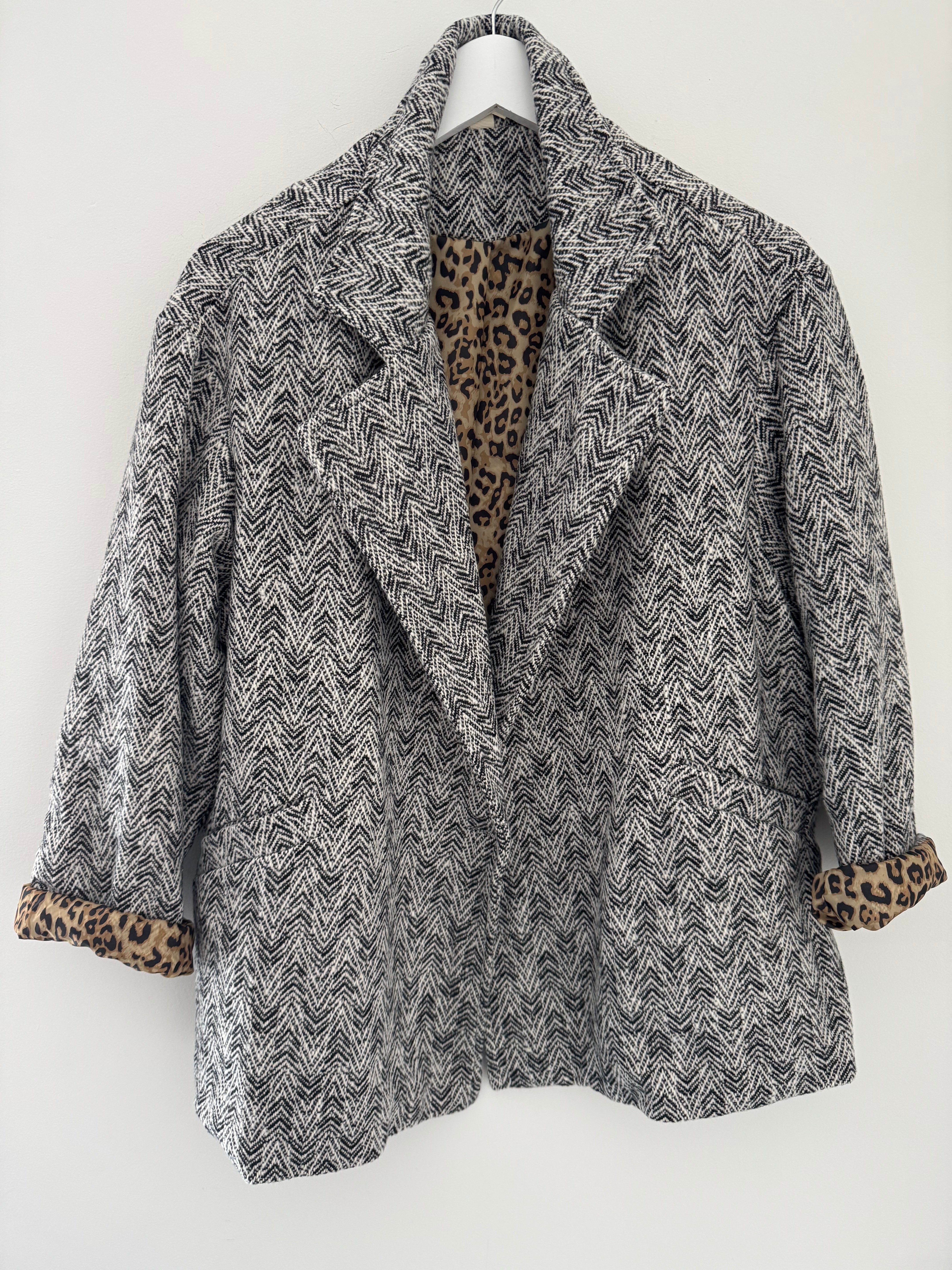 Grey Tweed Boyfriend Jacket with Leopard Lining