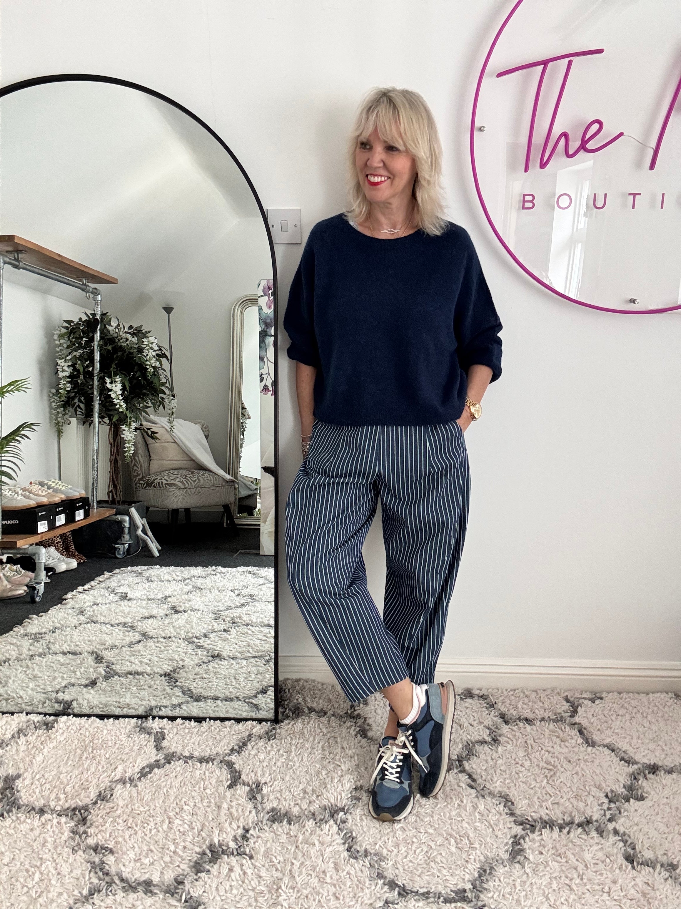 Stripe Barrel Leg Trousers in Denim Blue