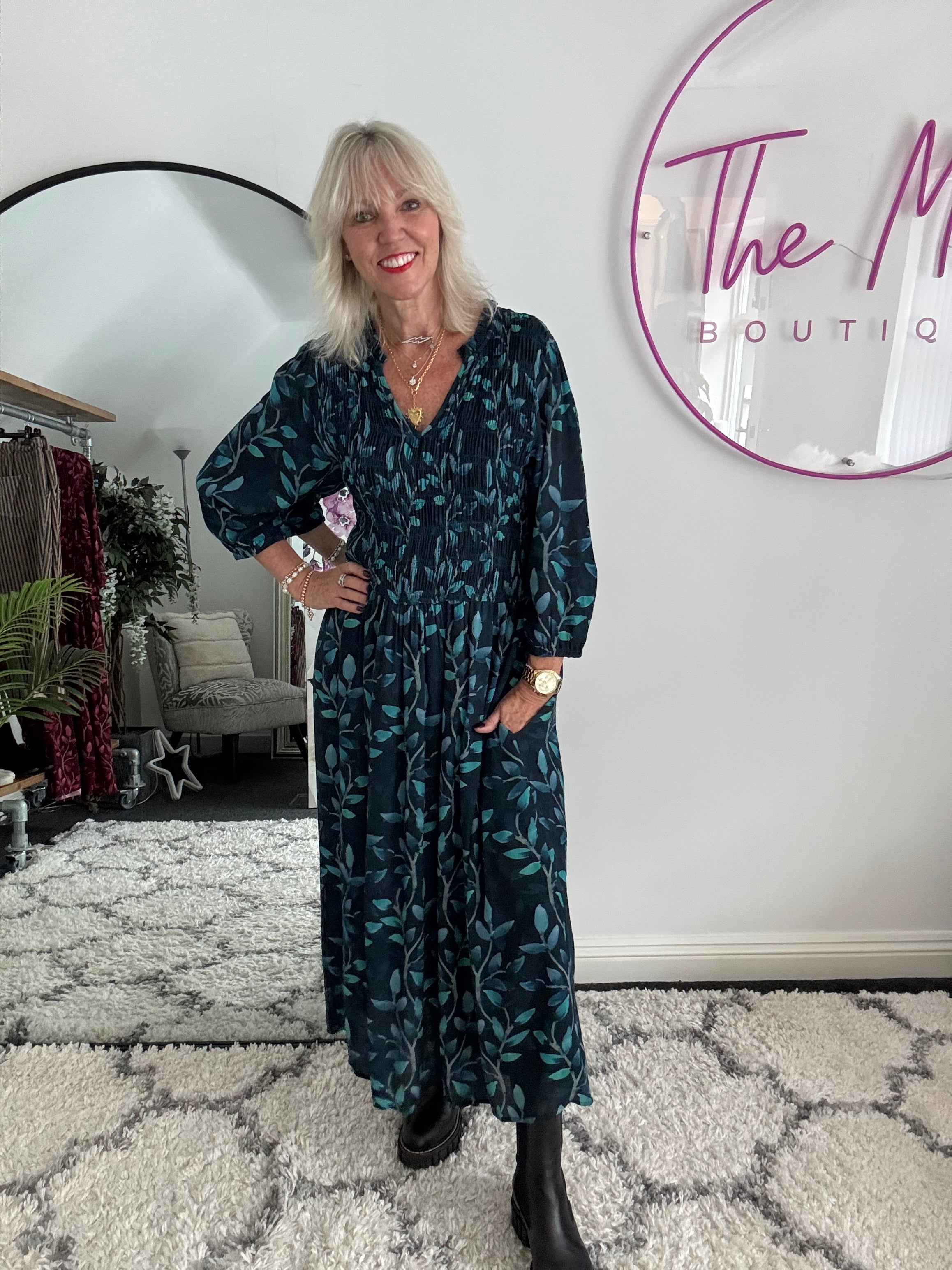 Leaf Print Dress with Shirred Bodice in Teal