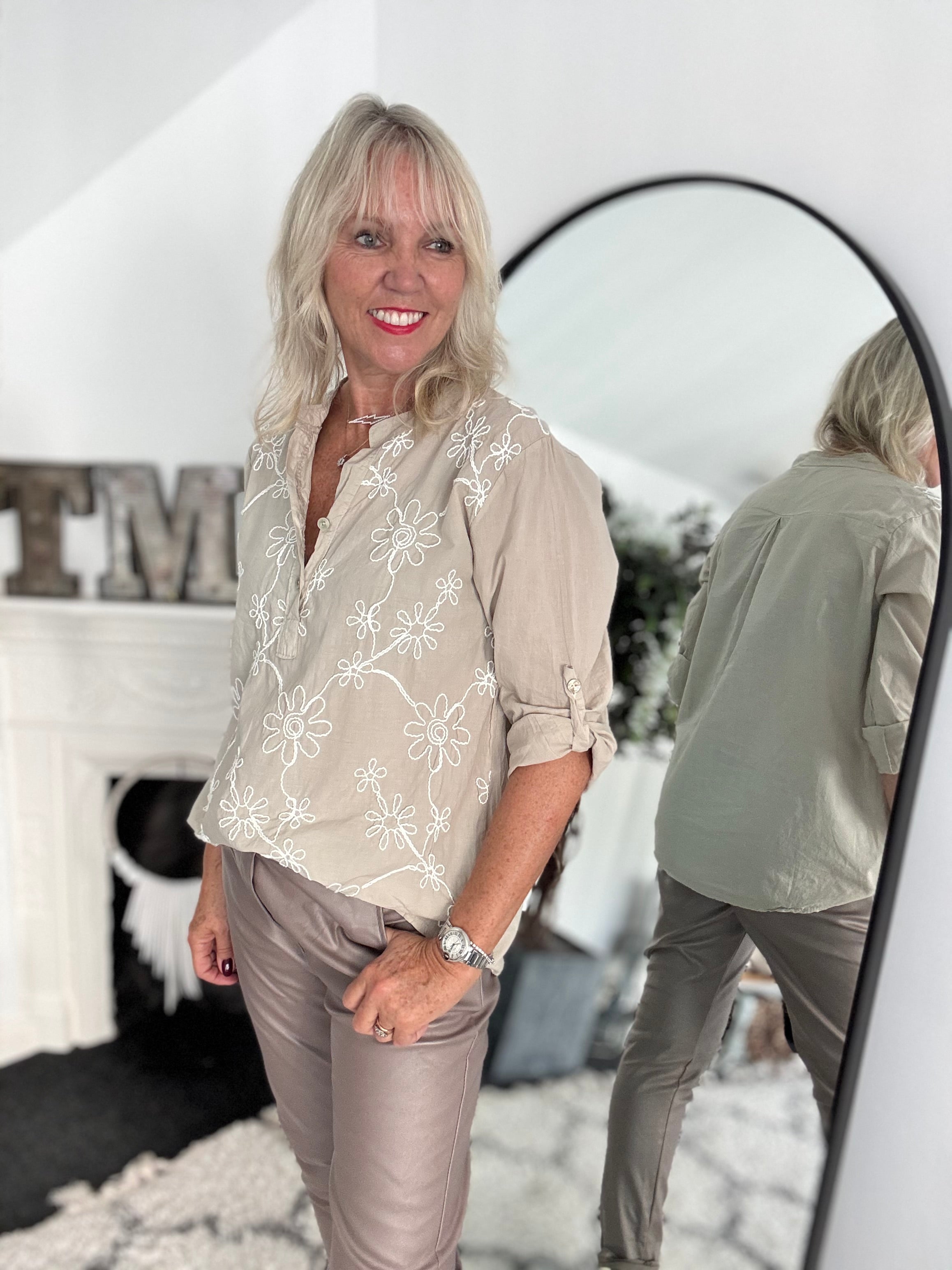Embroidered Buttoned Top in Stone
