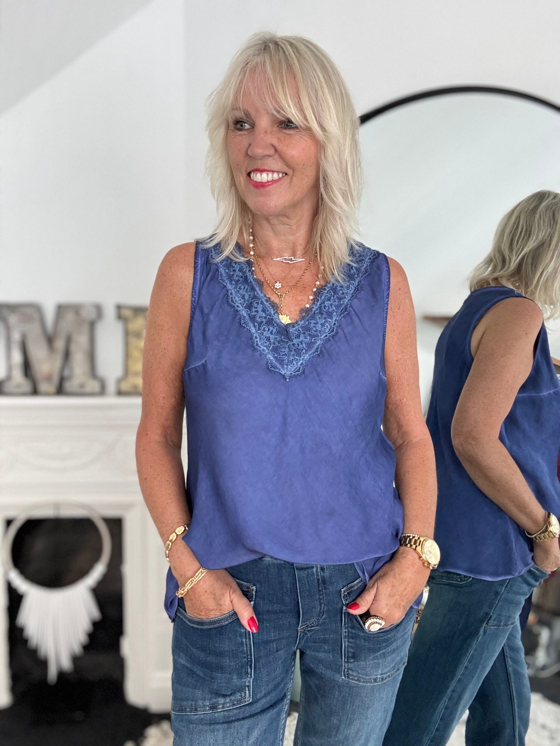 Lace Trim Silk Top in Indigo Blue
