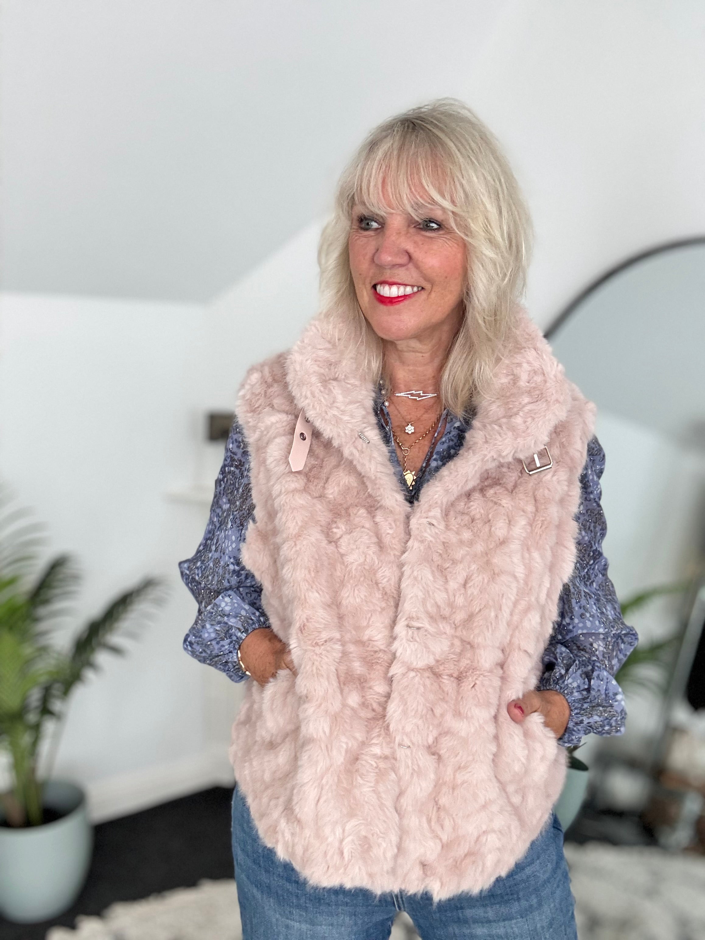 Designer Faux Fur Gilet in Blush