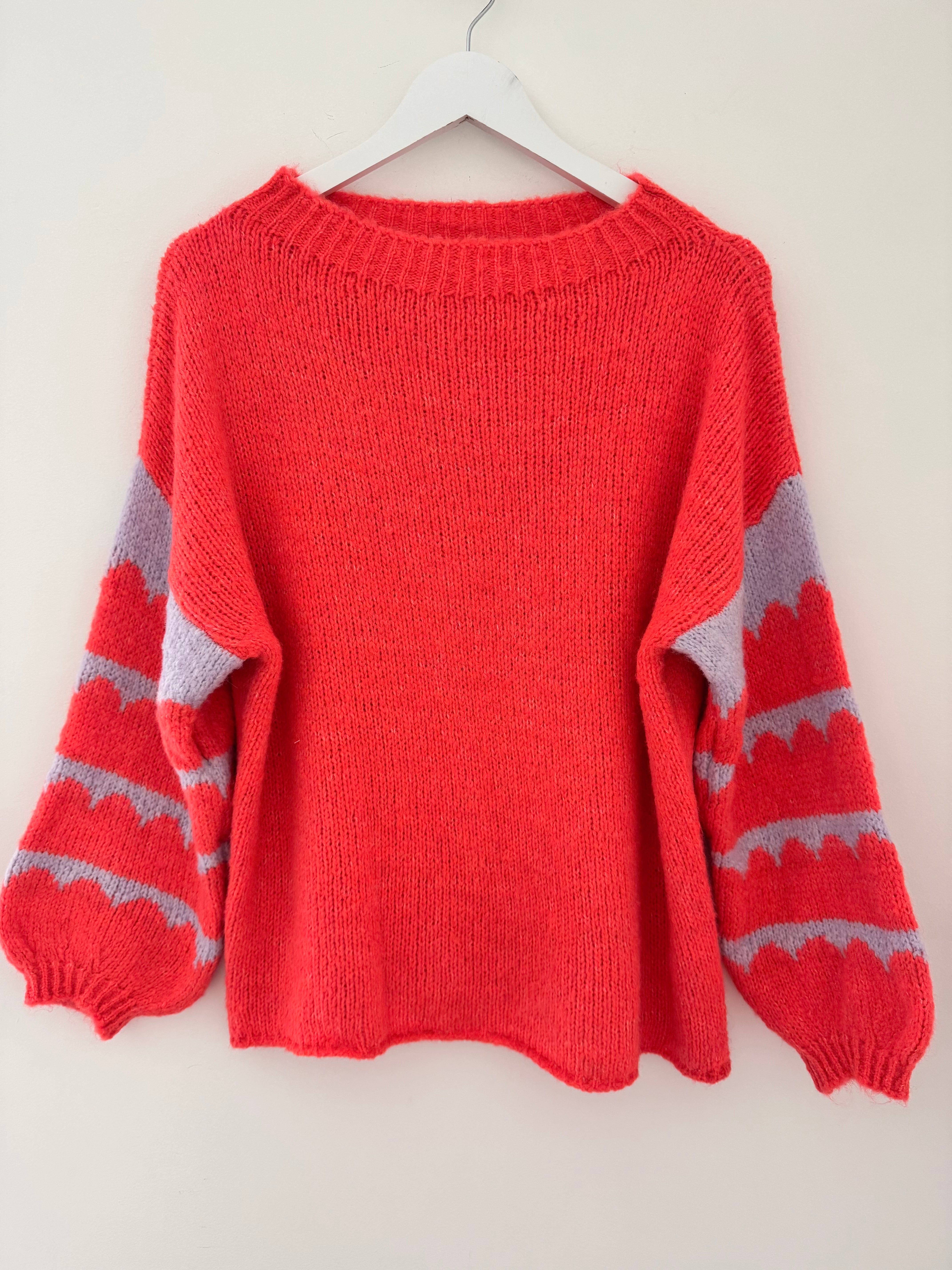 Coral Jumper with Stripe Lilac Sleeves