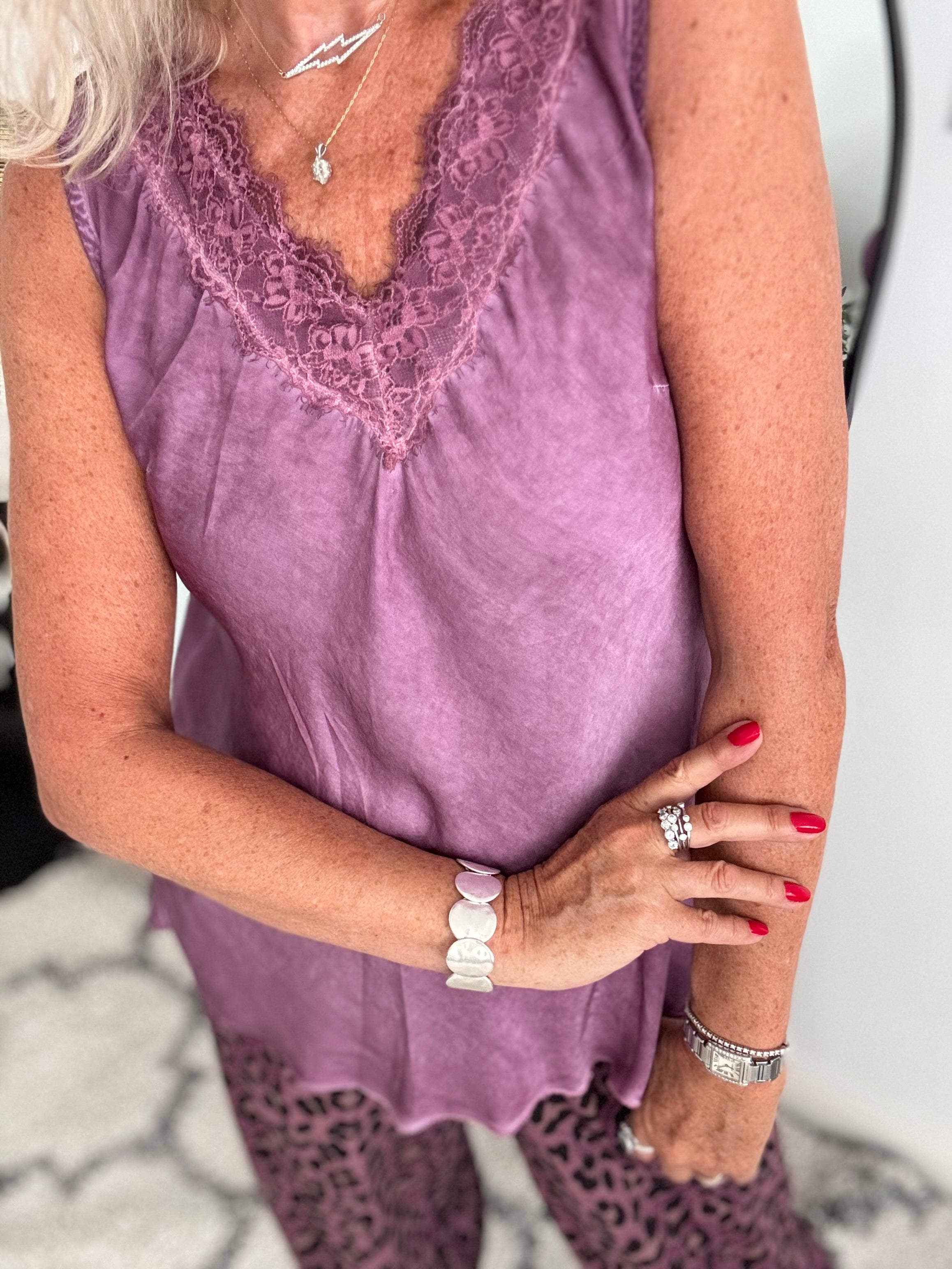 Lace Trim Silk Top in Soft Plum