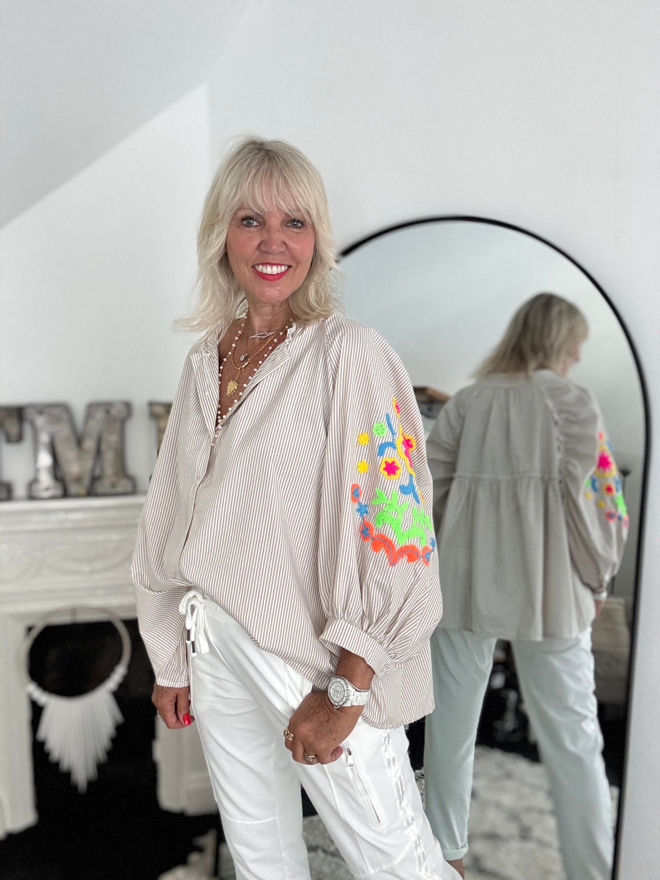 Designer Stripe Shirt with Neon Embroidered Sleeves in Stone