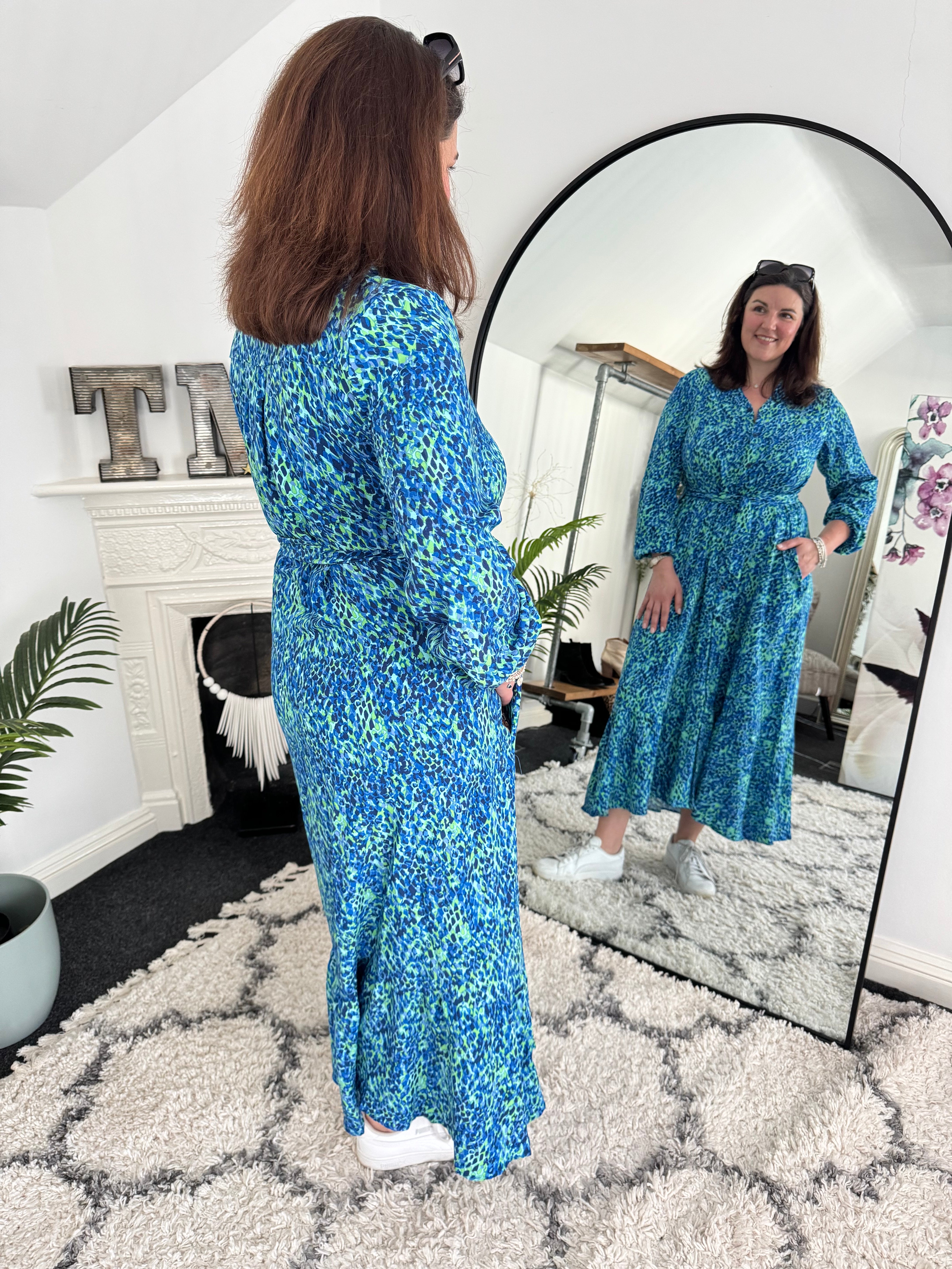 Premium Printed Dress in Blue & Green