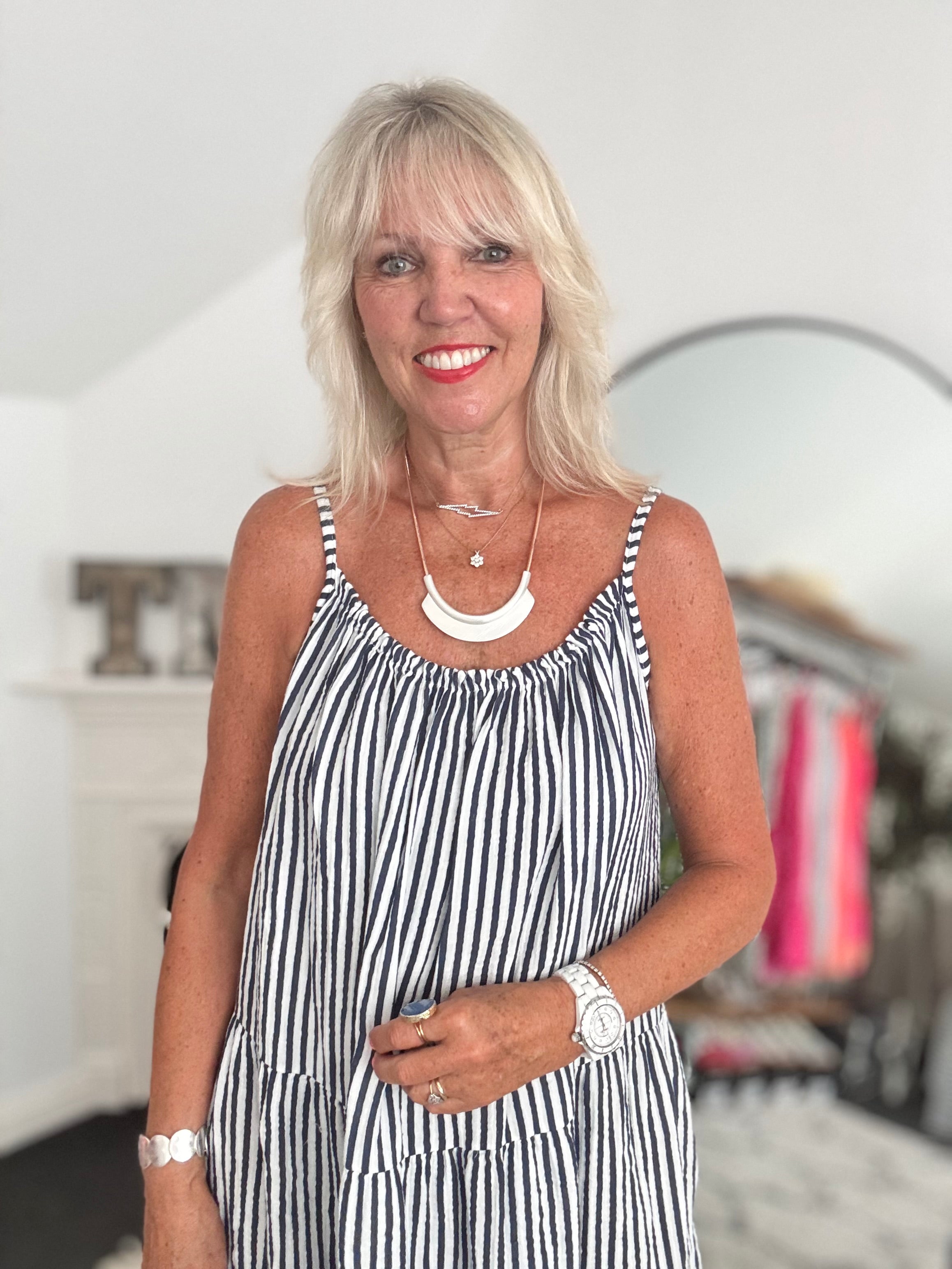 Stripe Cheesecloth Dress in Navy & White