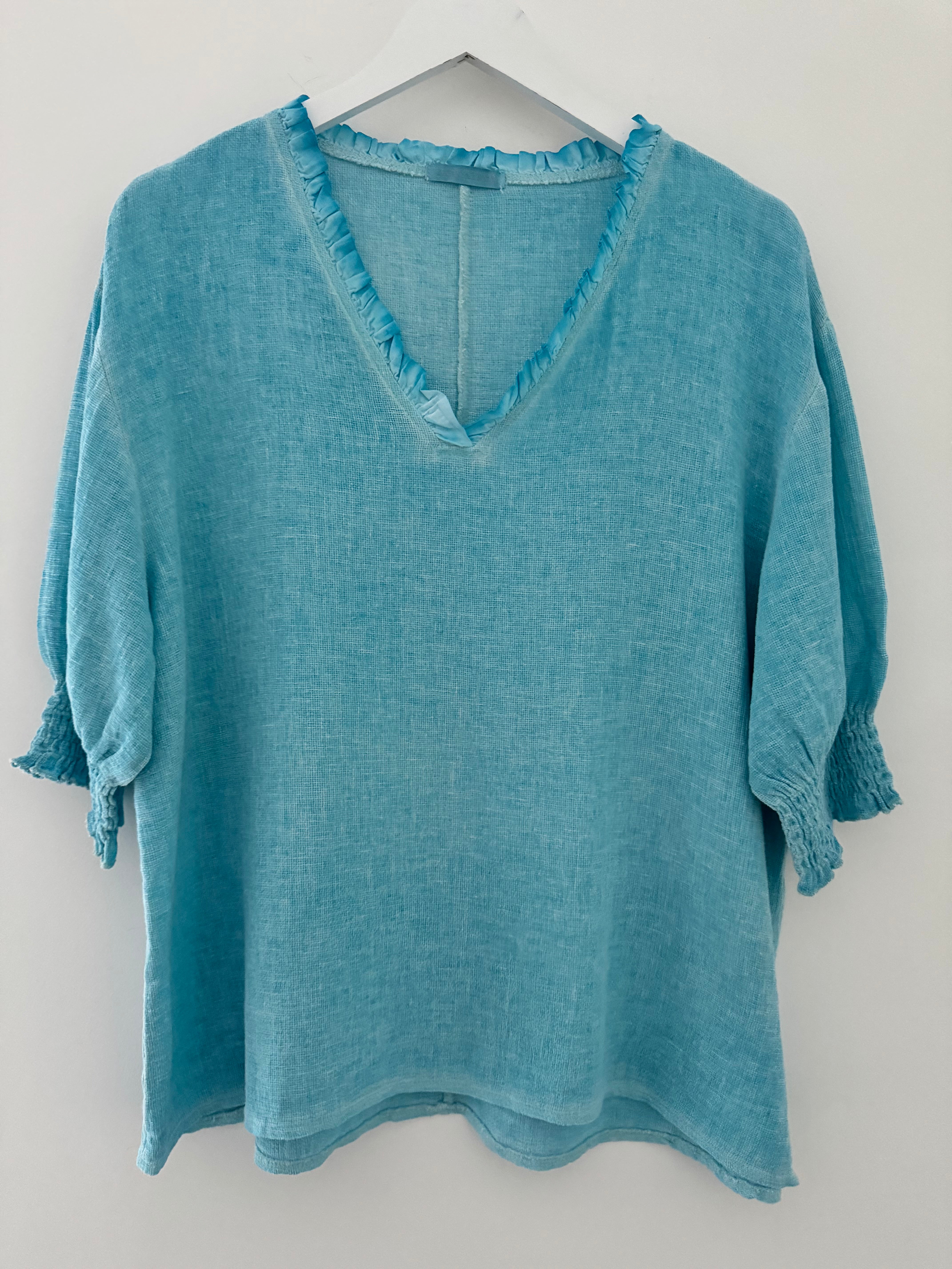 Linen & Cotton Top in Aqua