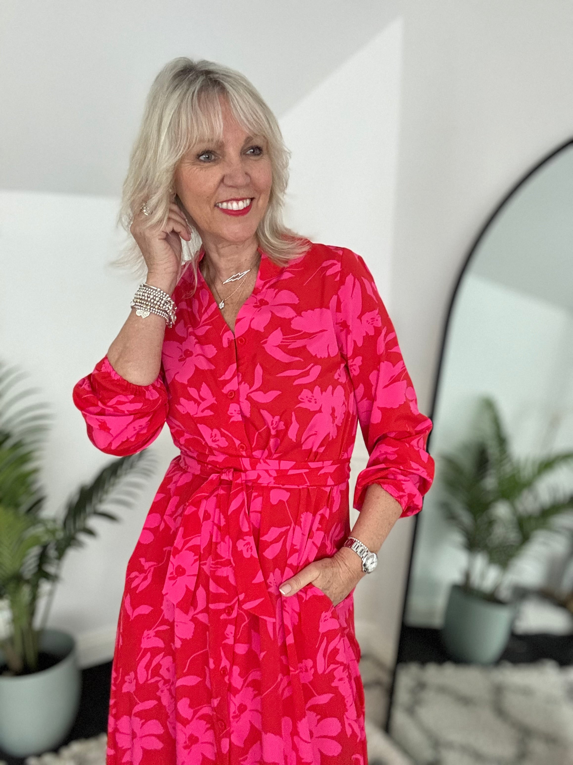 Premium Tropical Print Dress in Red & Pink