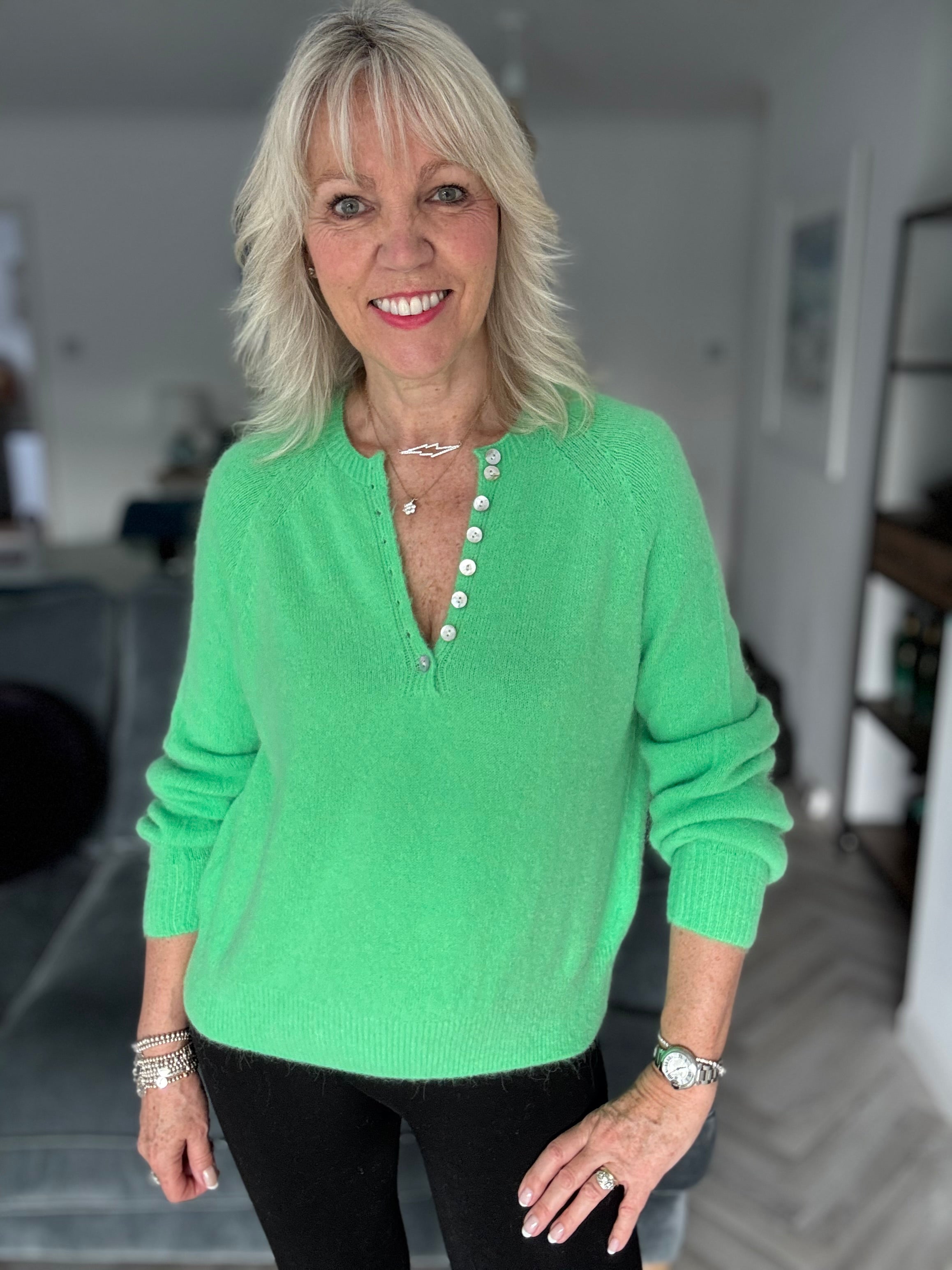 Softie Jumper with Button Neck in Bright Green