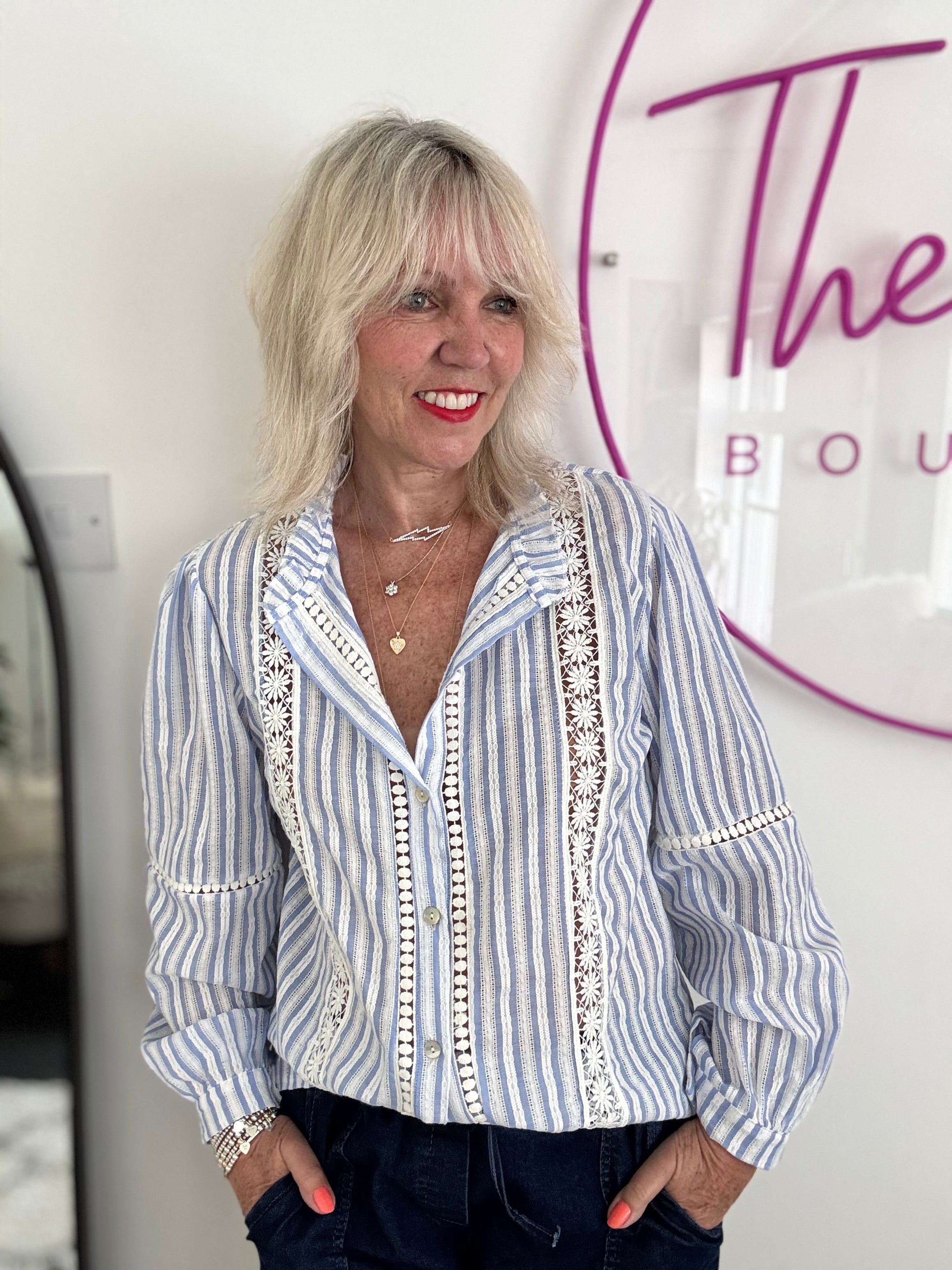 Cotton & Lace Shirt in Blue & White